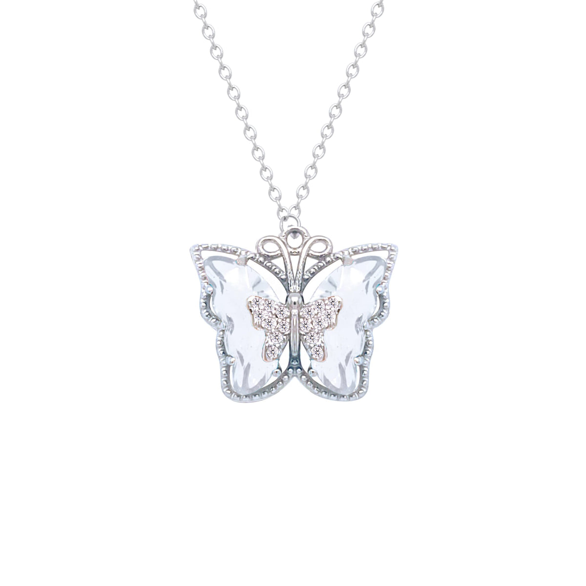 Asfour Crystal Chain Necklace With Decorative Butterfly Pendant In 925 Sterling Silver-ND0437