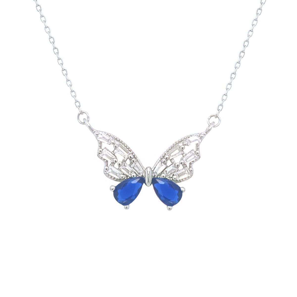 Asfour Crystal Chain Necklace With Blue Butterfly Pendant In 925 Sterling Silver-ND0438-WB