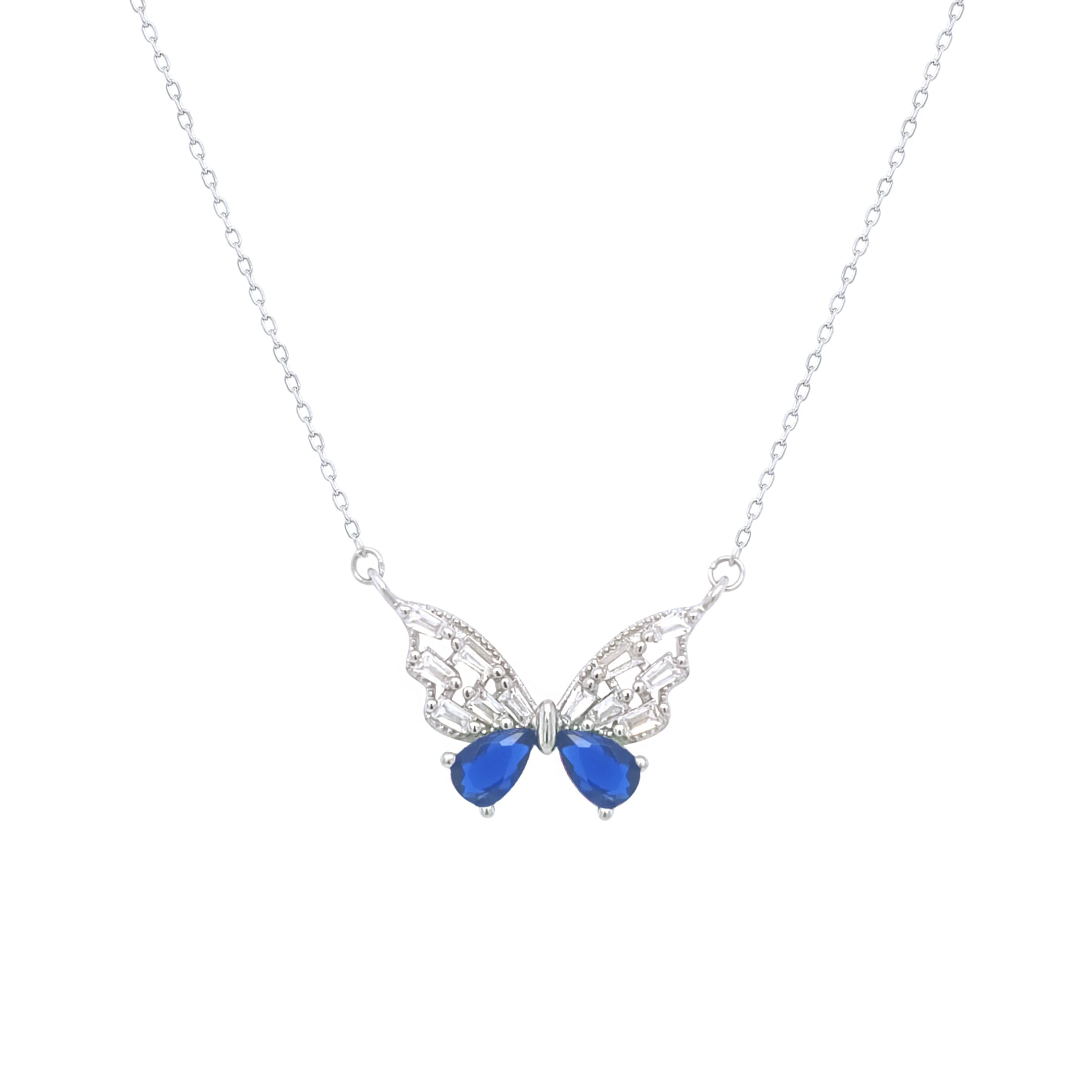 Asfour Crystal Chain Necklace With Blue Butterfly Pendant In 925 Sterling Silver-ND0438-WB