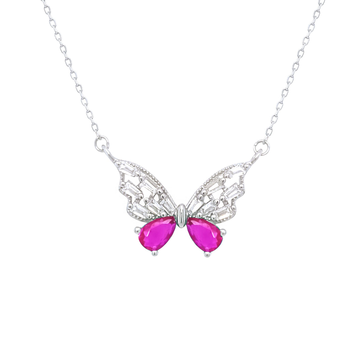 Asfour Crystal Chain Necklace With Fuchsia Butterfly Pendant In 925 Sterling Silver-ND0438-WF