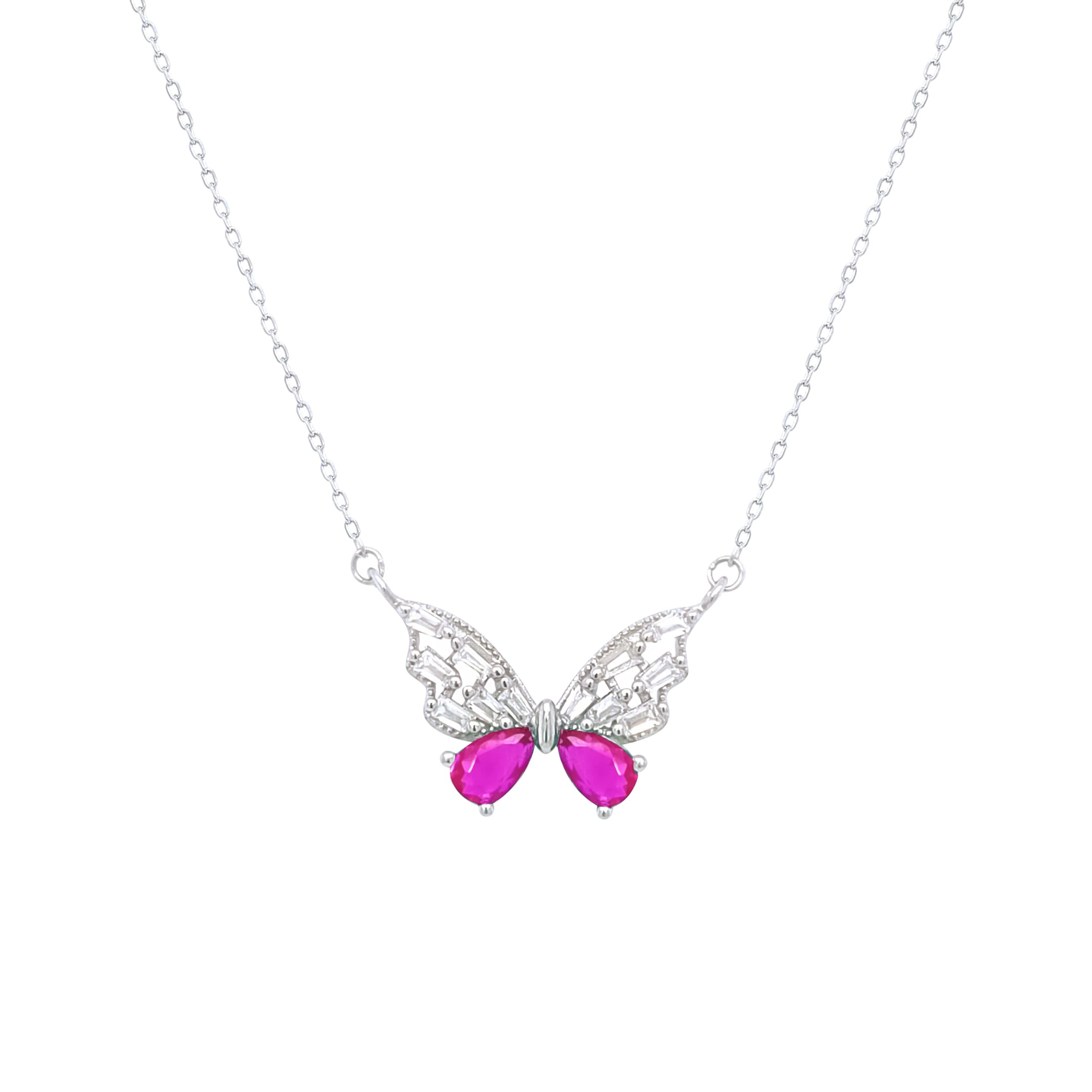 Asfour Crystal Chain Necklace With Fuchsia Butterfly Pendant In 925 Sterling Silver-ND0438-WF