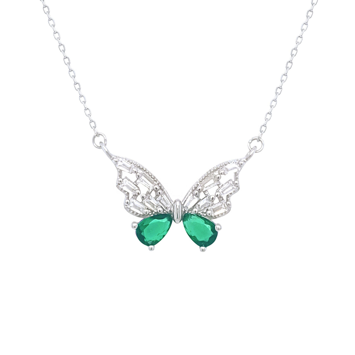 Asfour Crystal Chain Necklace With Emerlad Zircon Butterfly Pendant In 925 Sterling Silver-ND0438-WG