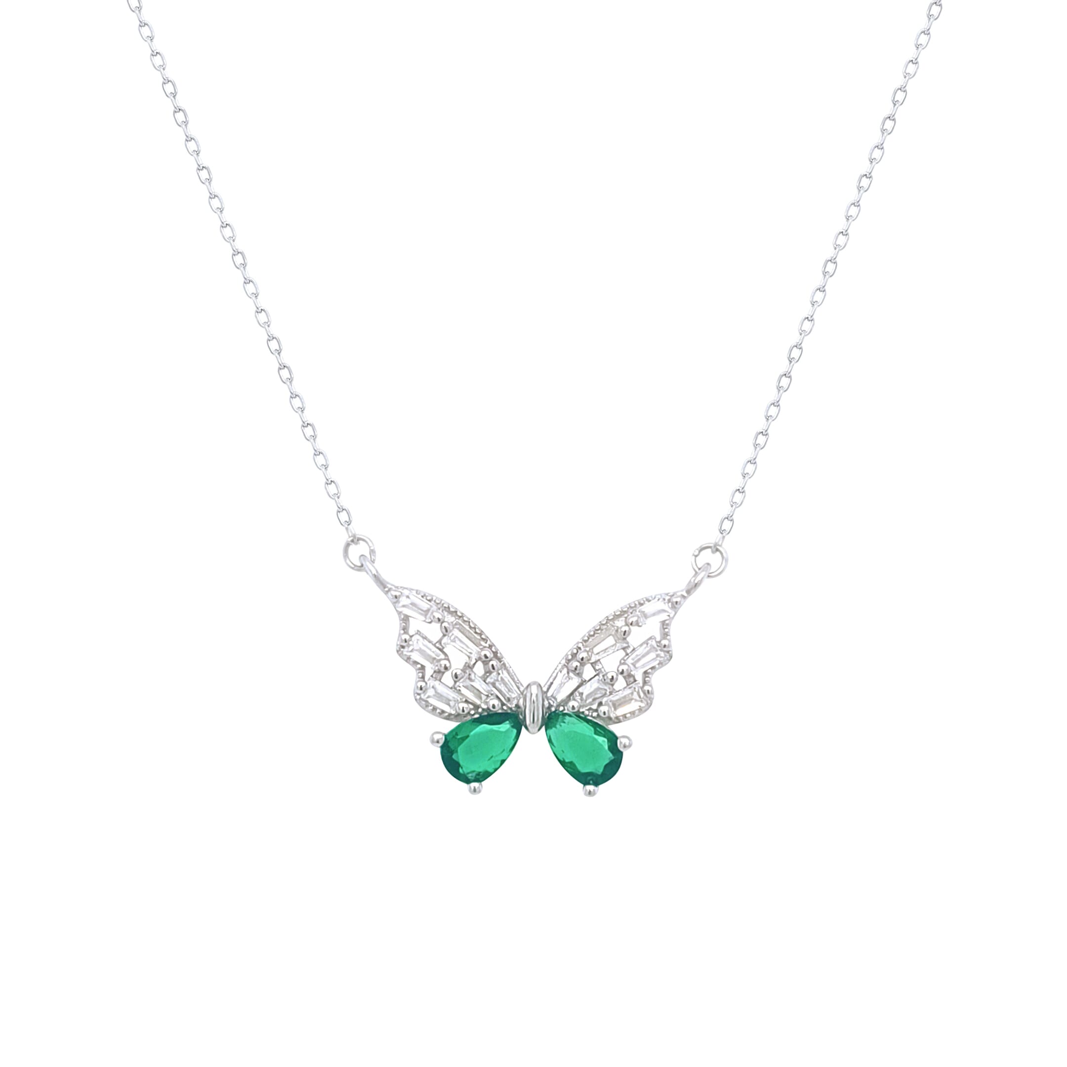 Asfour Crystal Chain Necklace With Emerlad Zircon Butterfly Pendant In 925 Sterling Silver-ND0438-WG