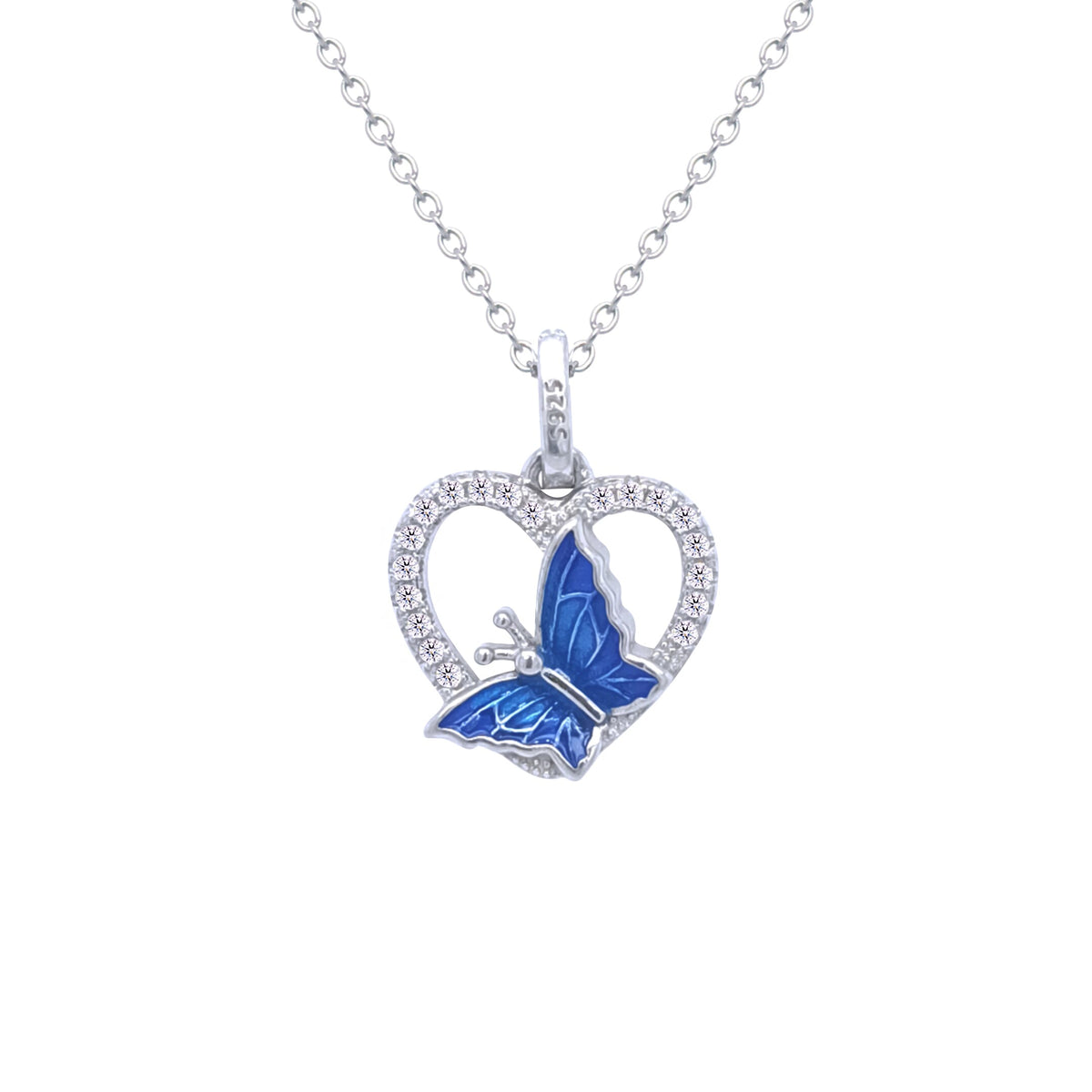 Asfour Crystal Chain Necklace With Blue Butterfly Pendant In 925 Sterling Silver-ND0440-B