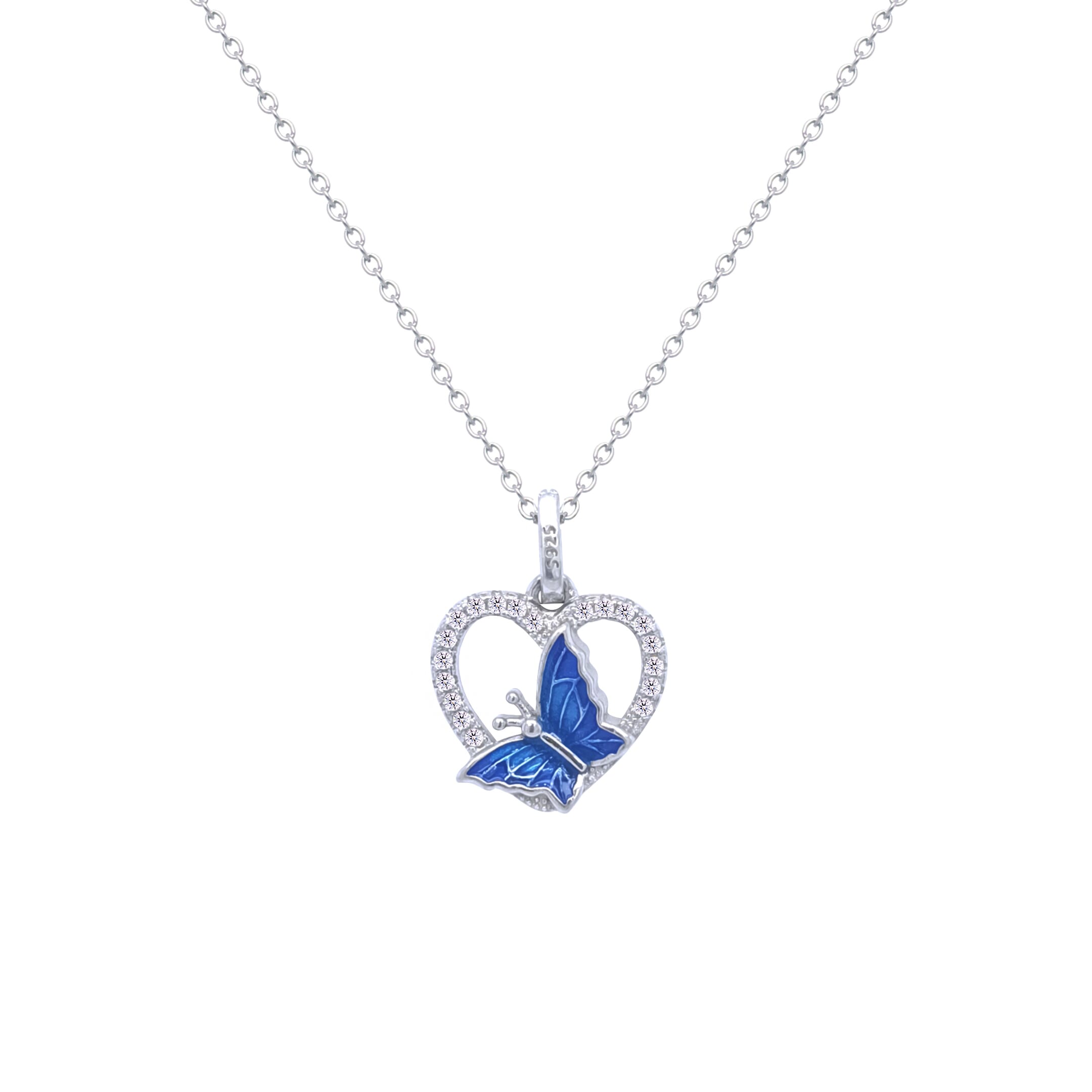 Asfour Crystal Chain Necklace With Blue Butterfly Pendant In 925 Sterling Silver-ND0440-B