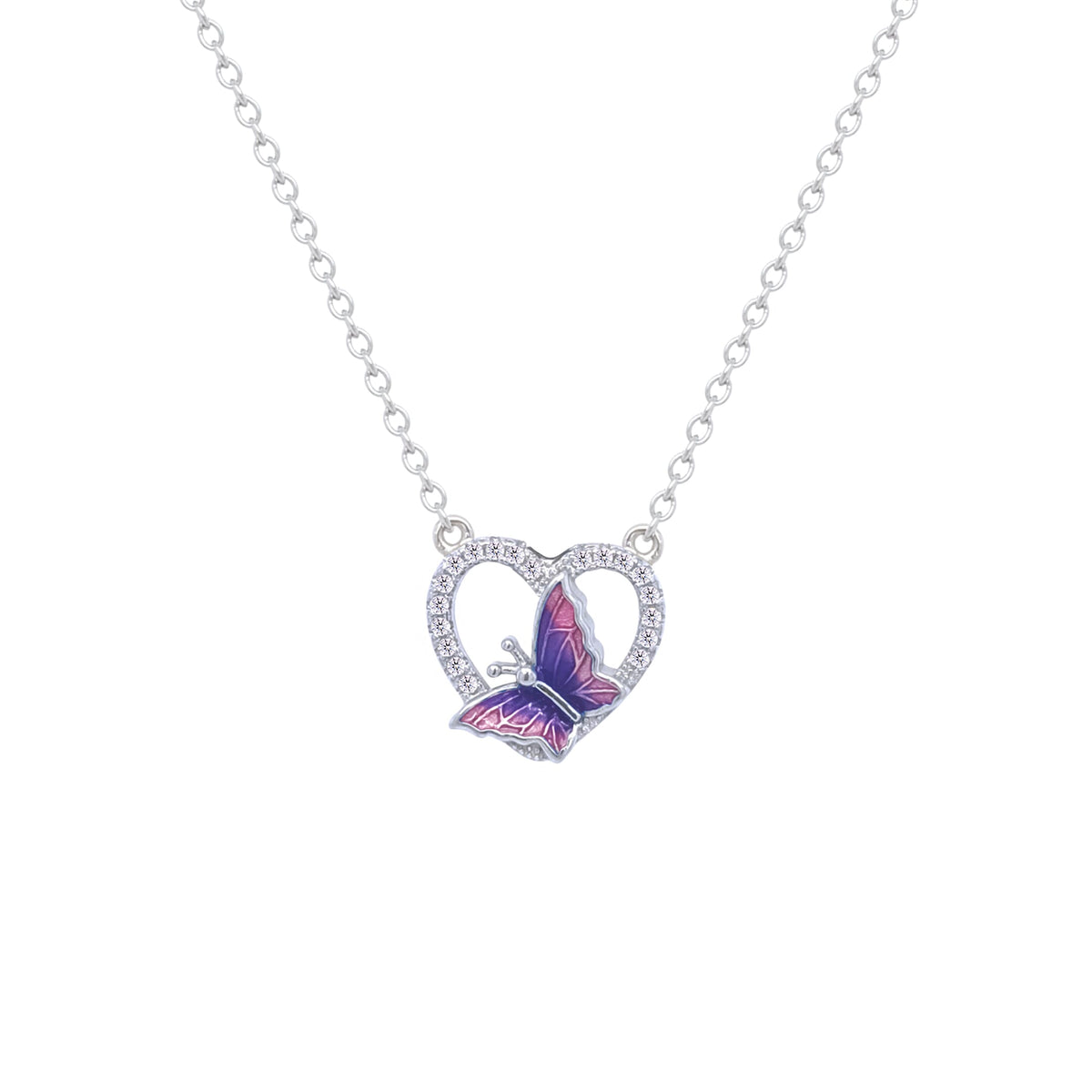 Asfour Crystal Chain Necklace With Rose Butterfly Pendant In 925 Sterling Silver-ND0440-NO