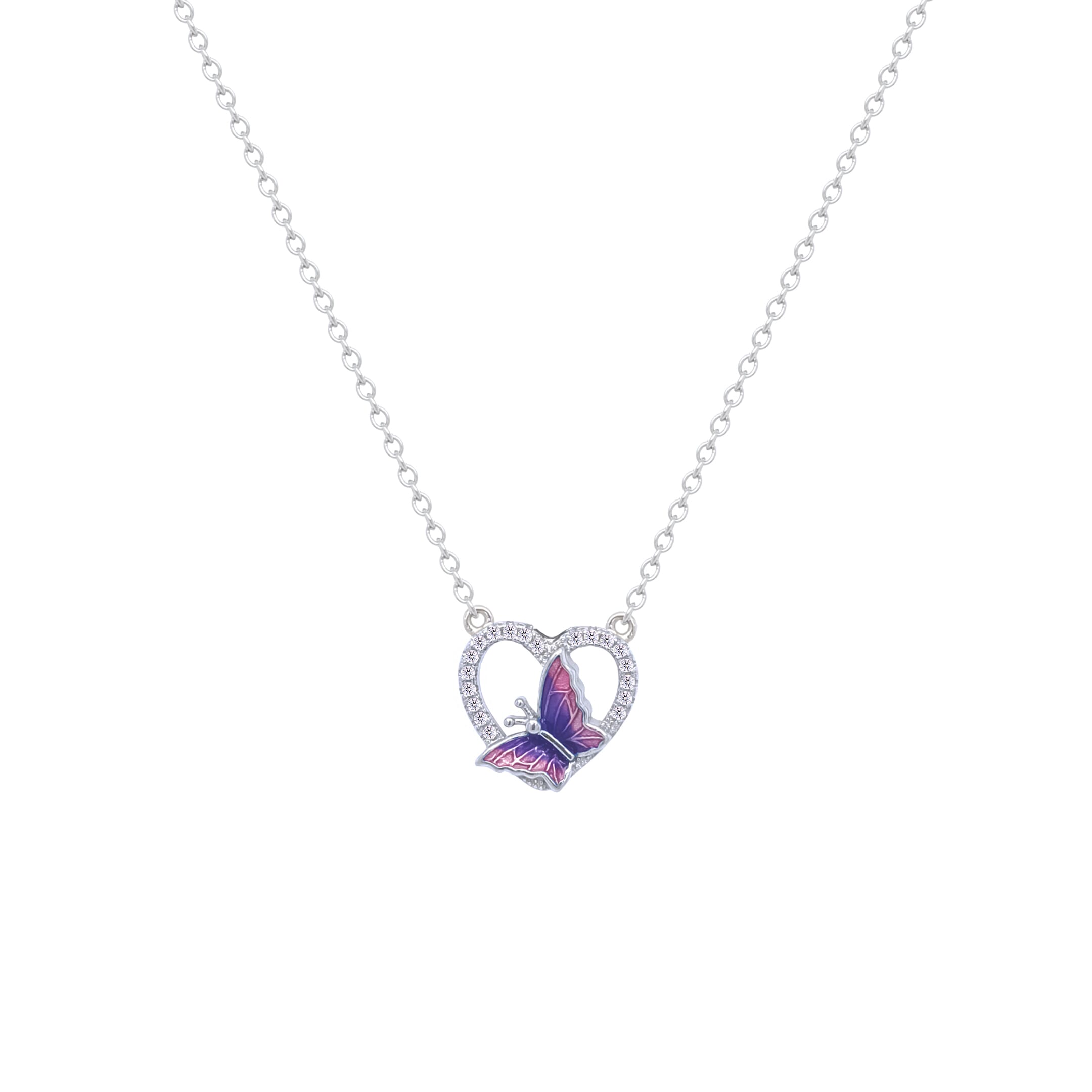 Asfour Crystal Chain Necklace With Rose Butterfly Pendant In 925 Sterling Silver-ND0440-NO