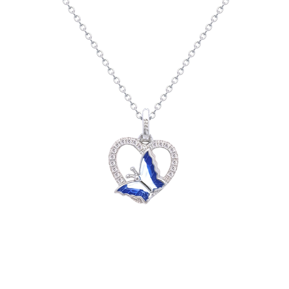 Asfour Crystal Chain Necklace With Blue Butterfly Pendant In 925 Sterling Silver-ND0440-WB