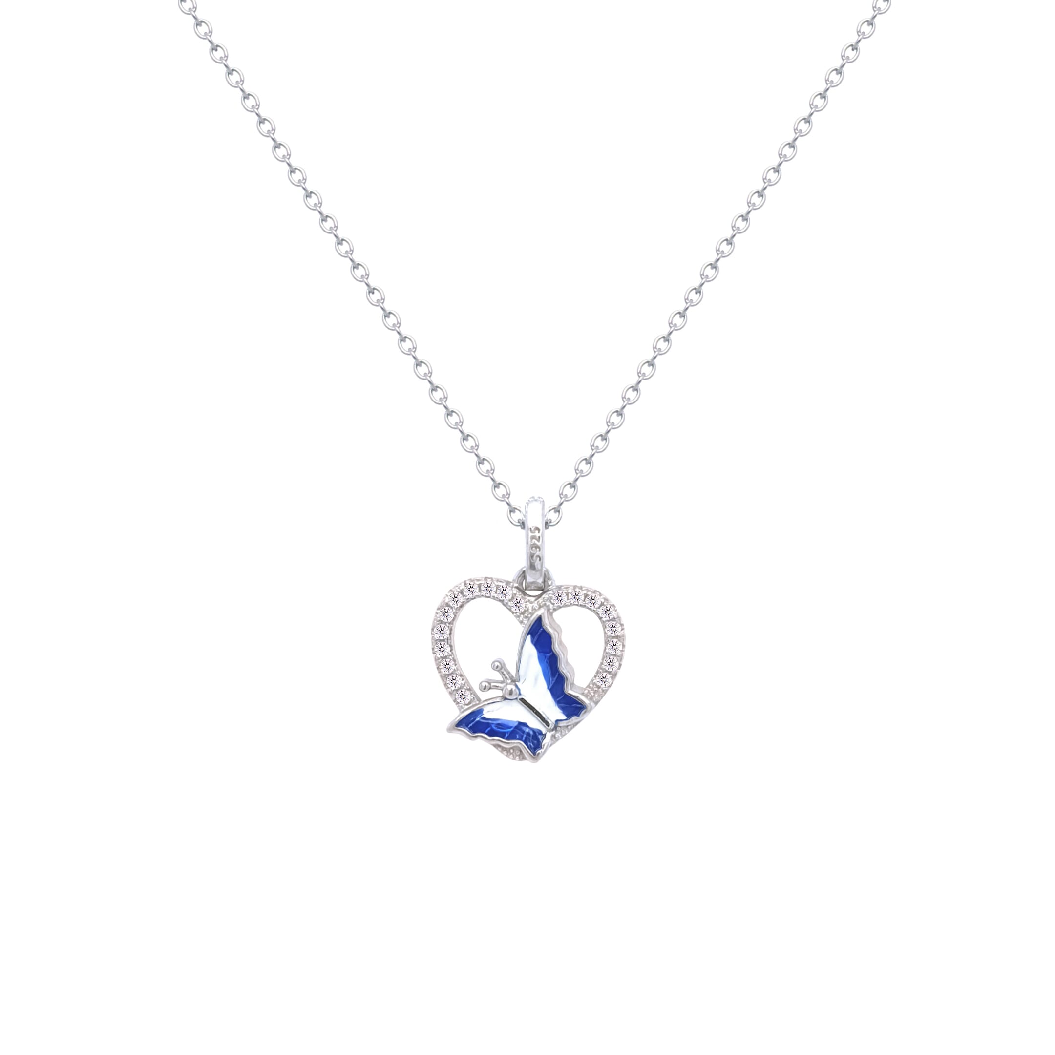 Asfour Crystal Chain Necklace With Blue Butterfly Pendant In 925 Sterling Silver-ND0440-WB