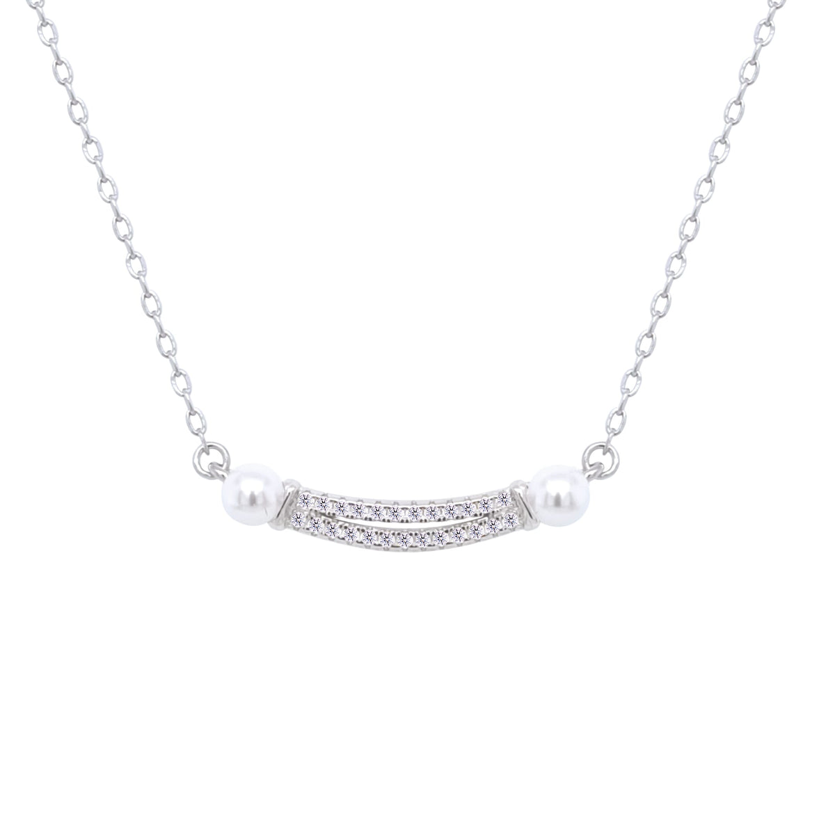 Asfour Crystal Chain NecklaceWith Curve Bar Pendant With Pearl In 925 Sterling Silver-ND0444