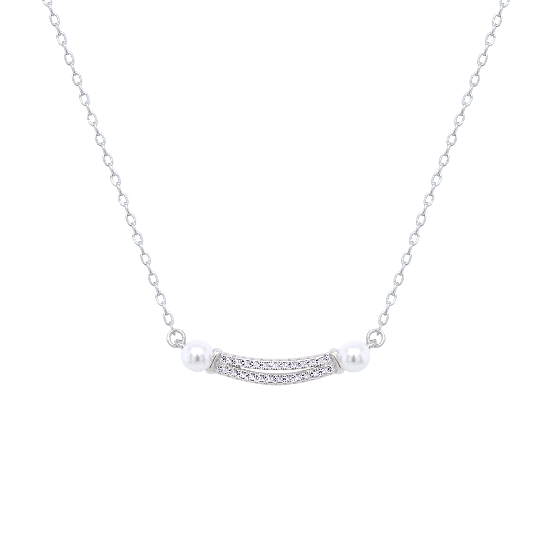 Asfour Crystal Chain NecklaceWith Curve Bar Pendant With Pearl In 925 Sterling Silver-ND0444