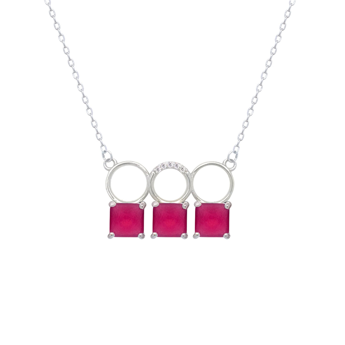 Asfour Crystal Chain Necklace With Three Fuchsia Square Design In 925 Sterling Silver-ND0445-F