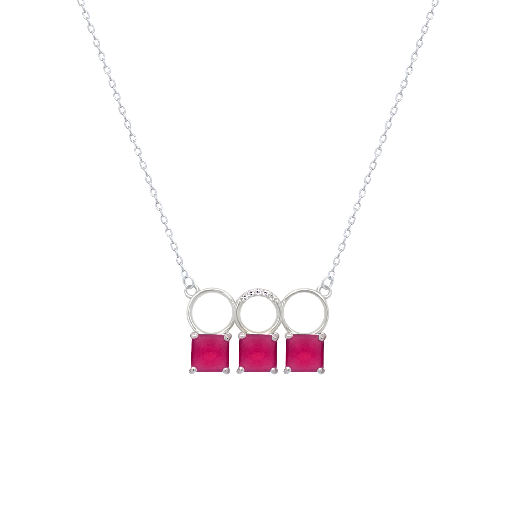 Asfour Crystal Chain Necklace With Three Fuchsia Square Design In 925 Sterling Silver-ND0445-F