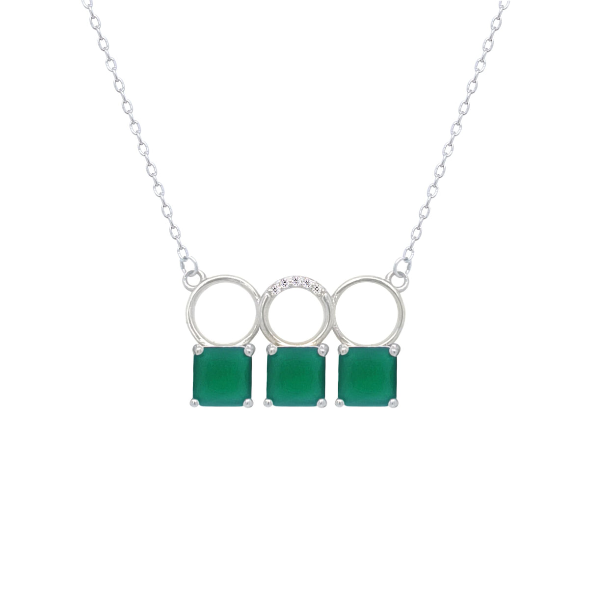 Asfour Crystal Chain Necklace With Three Emerald Square Design In 925 Sterling Silver-ND0445-G