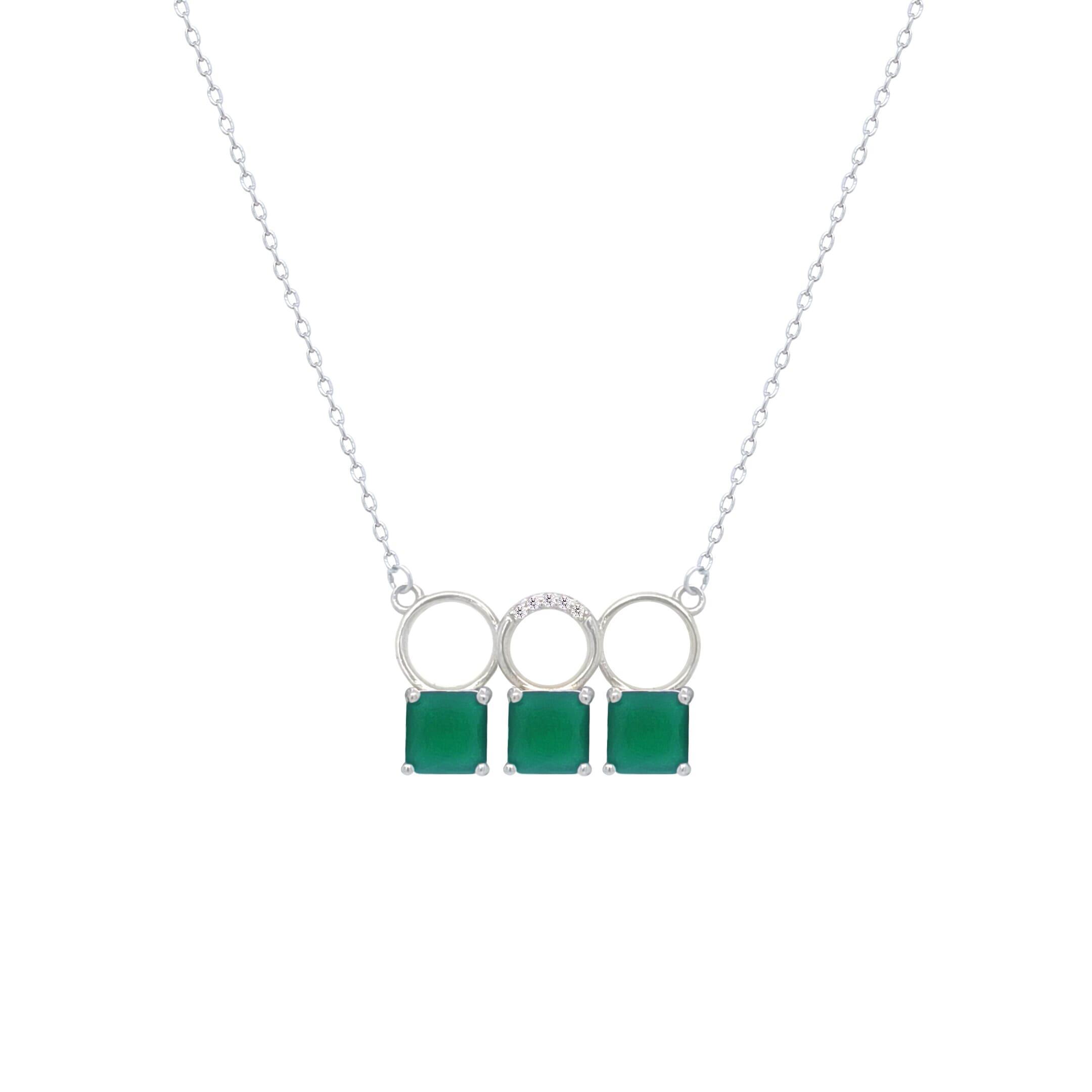 Asfour Crystal Chain Necklace With Three Emerald Square Design In 925 Sterling Silver-ND0445-G