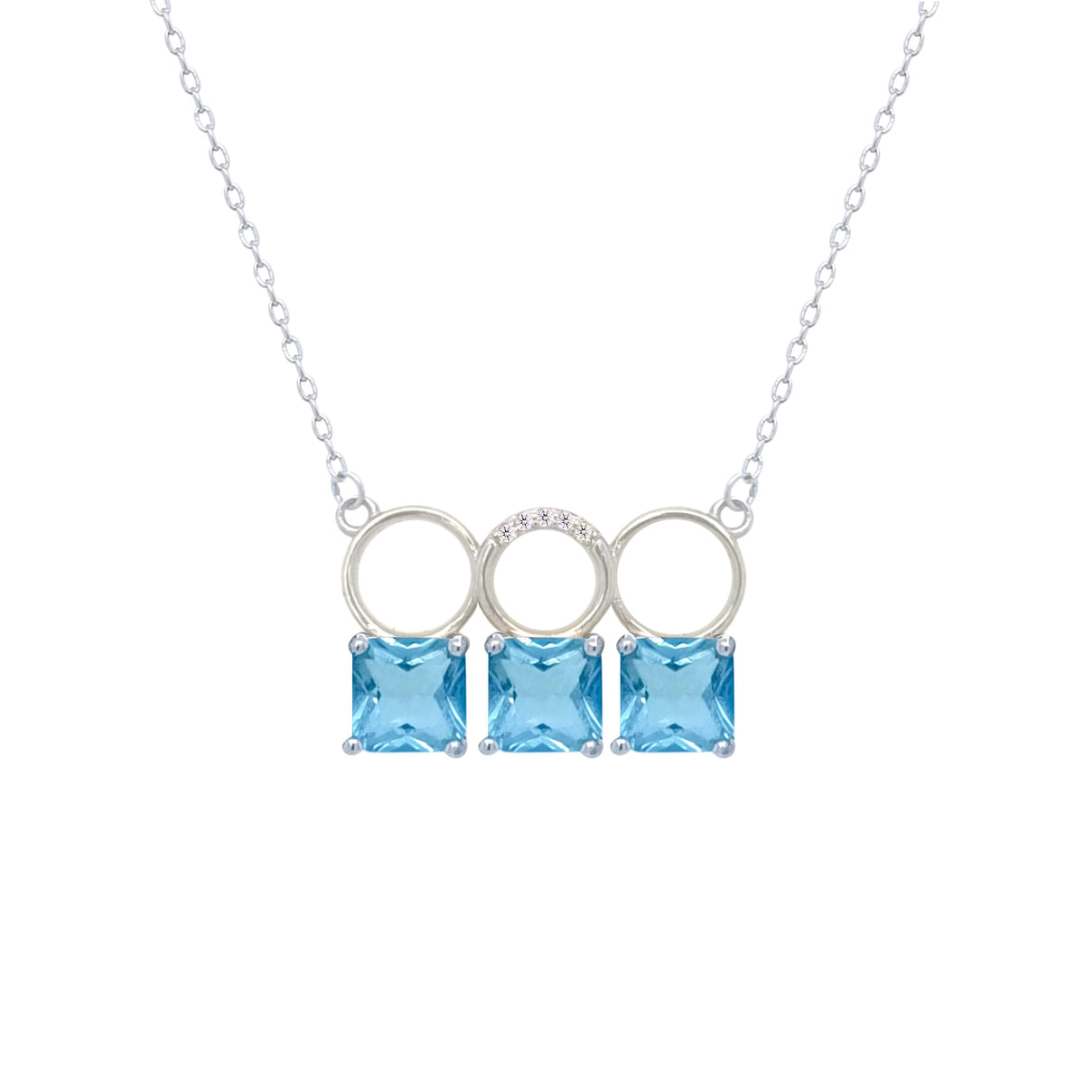 Asfour Crystal Chain Necklace With Three Aquamarine Square Design In 925 Sterling Silver-ND0445-M