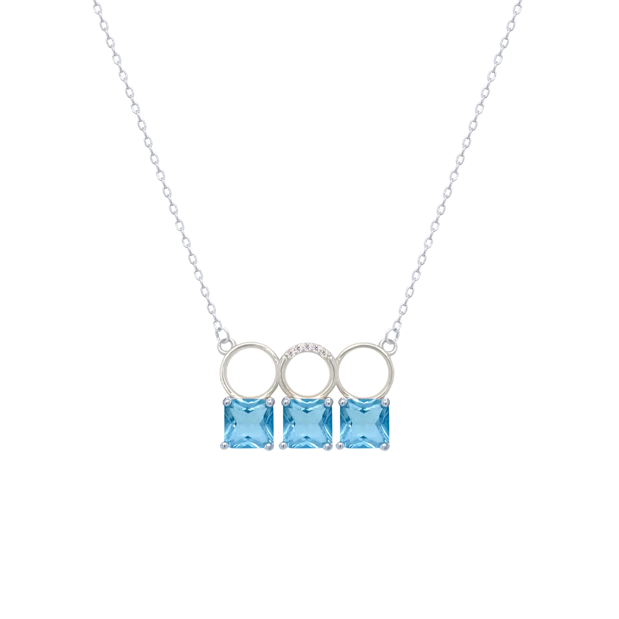 Asfour Crystal Chain Necklace With Three Aquamarine Square Design In 925 Sterling Silver-ND0445-M