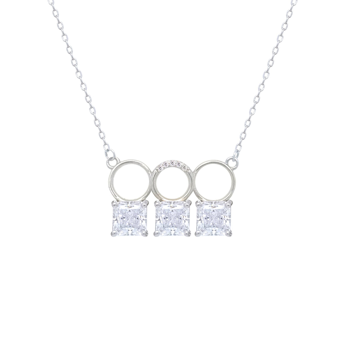 Asfour Crystal Chain Necklace With Three Zircon Square Design In 925 Sterling Silver-ND0445