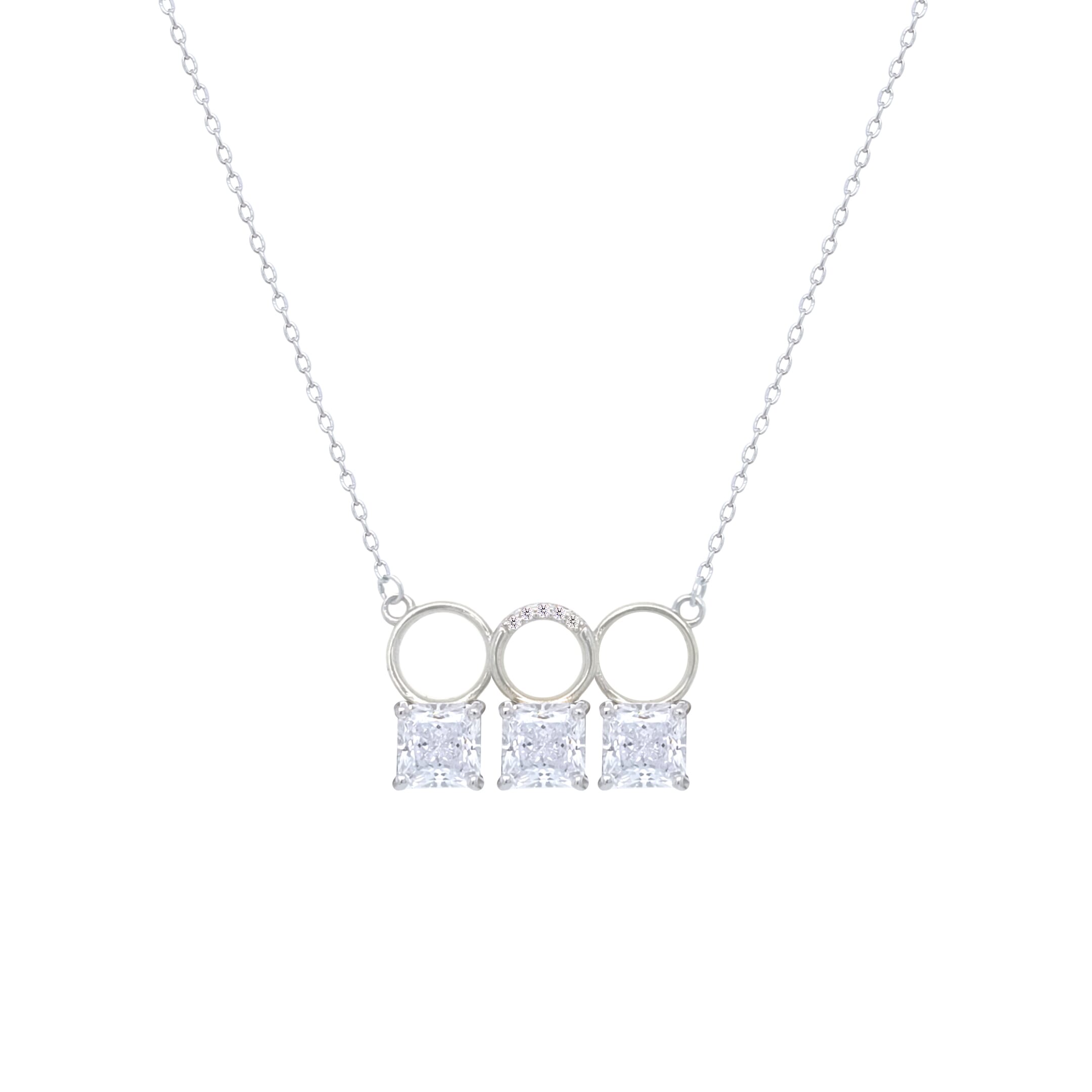 Asfour Crystal Chain Necklace With Three Zircon Square Design In 925 Sterling Silver-ND0445