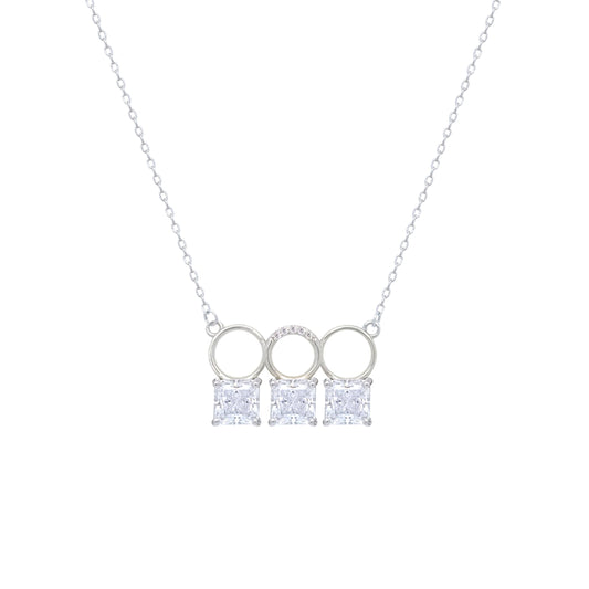 Asfour Crystal Chain Necklace With Three Zircon Square Design In 925 Sterling Silver-ND0445