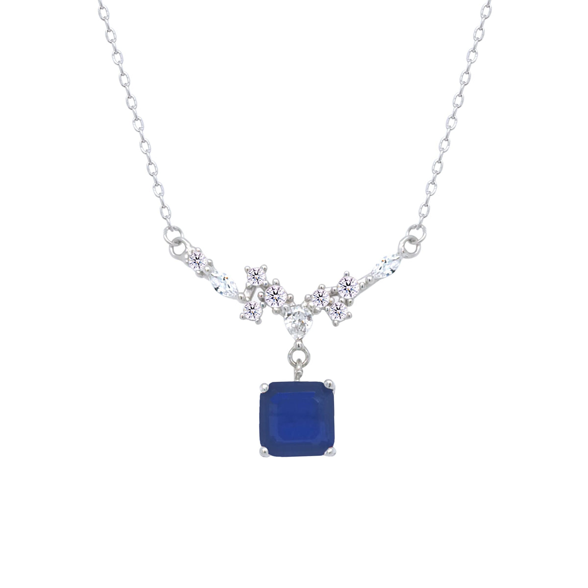 Asfour Crystal Chain Necklace With Decorative Blue Square Pendant In 925 Sterling Silver-ND0446-B