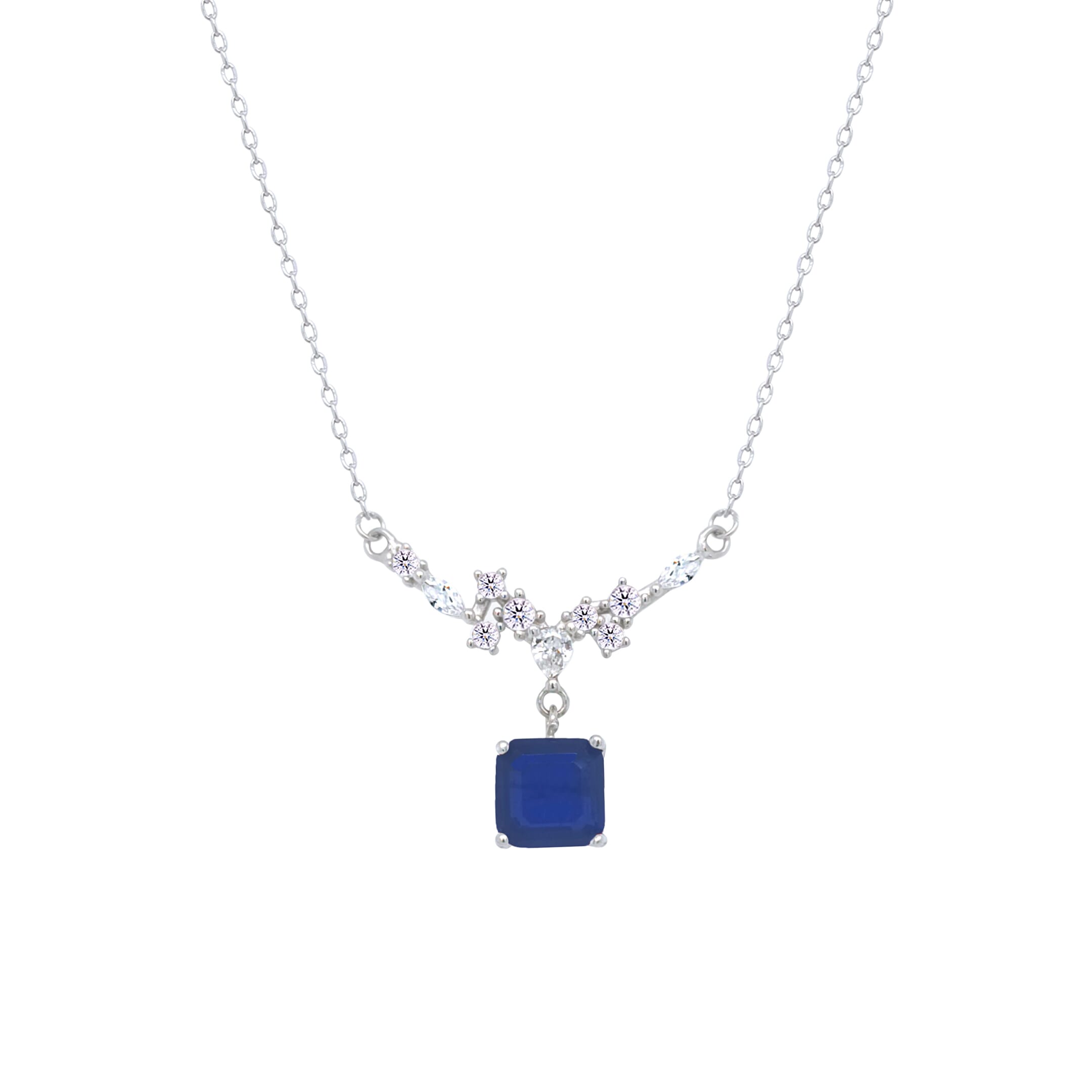 Asfour Crystal Chain Necklace With Decorative Blue Square Pendant In 925 Sterling Silver-ND0446-B