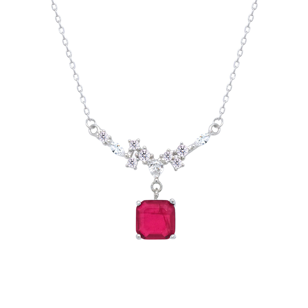 Asfour Crystal Chain Necklace With Decorative Fuchsia Square Pendant In 925 Sterling Silver-ND0446-FM