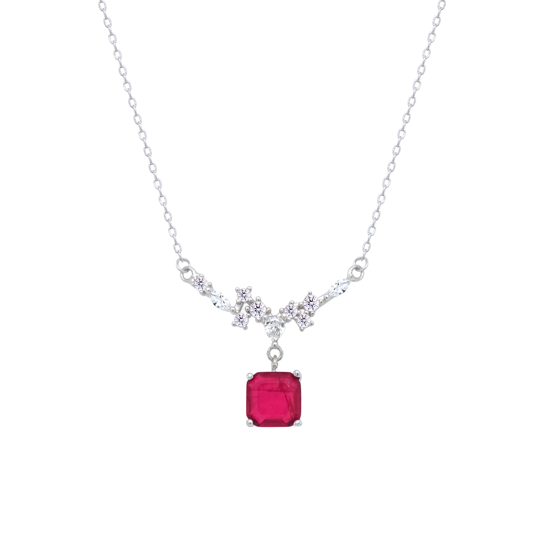 Asfour Crystal Chain Necklace With Decorative Fuchsia Square Pendant In 925 Sterling Silver-ND0446-FM