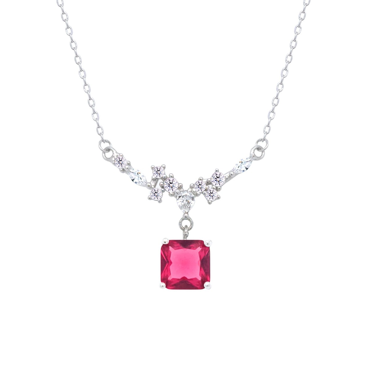 Asfour Crystal Chain Necklace With Decorative Fuchsia Square Pendant In 925 Sterling Silver-ND0446-F