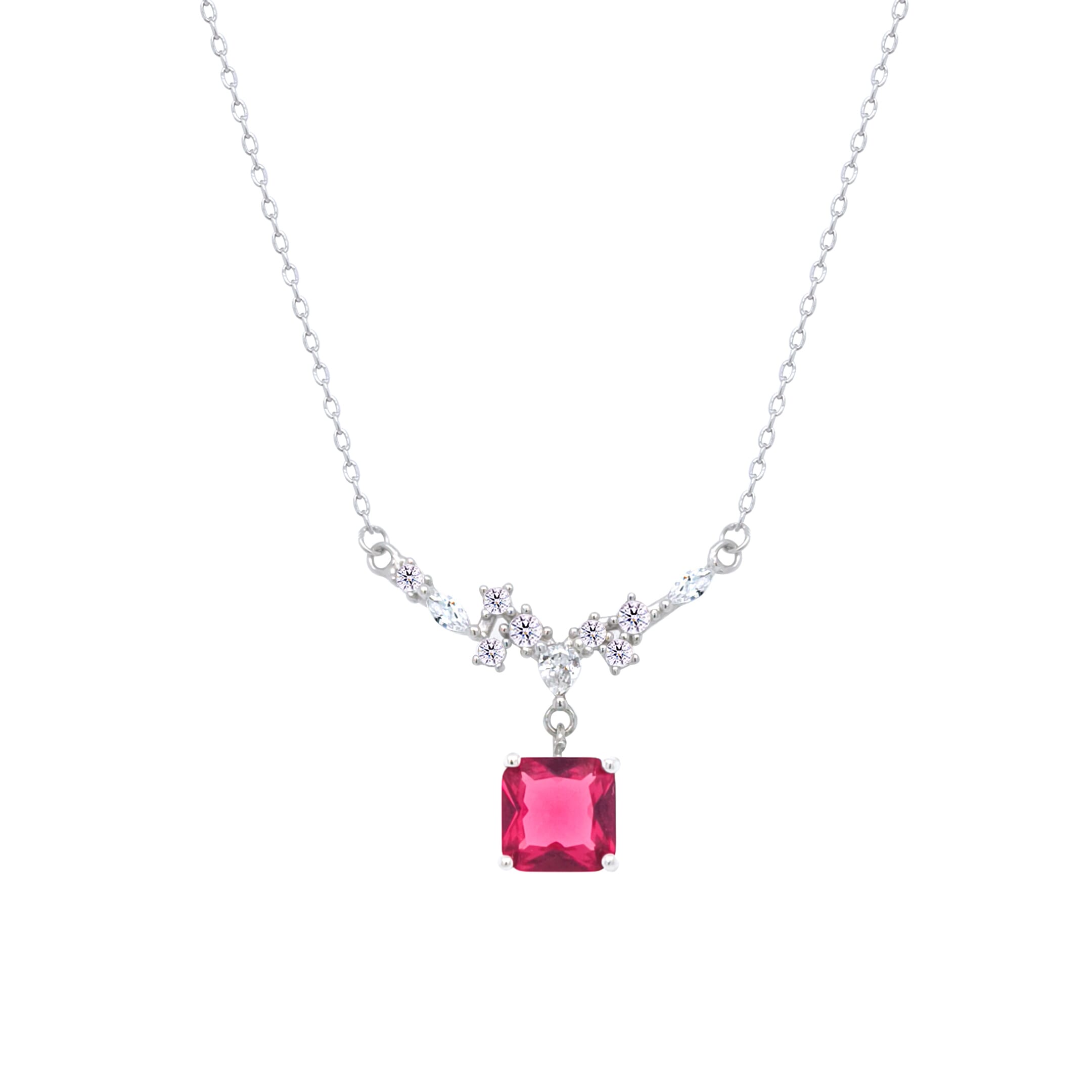 Asfour Crystal Chain Necklace With Decorative Fuchsia Square Pendant In 925 Sterling Silver-ND0446-F