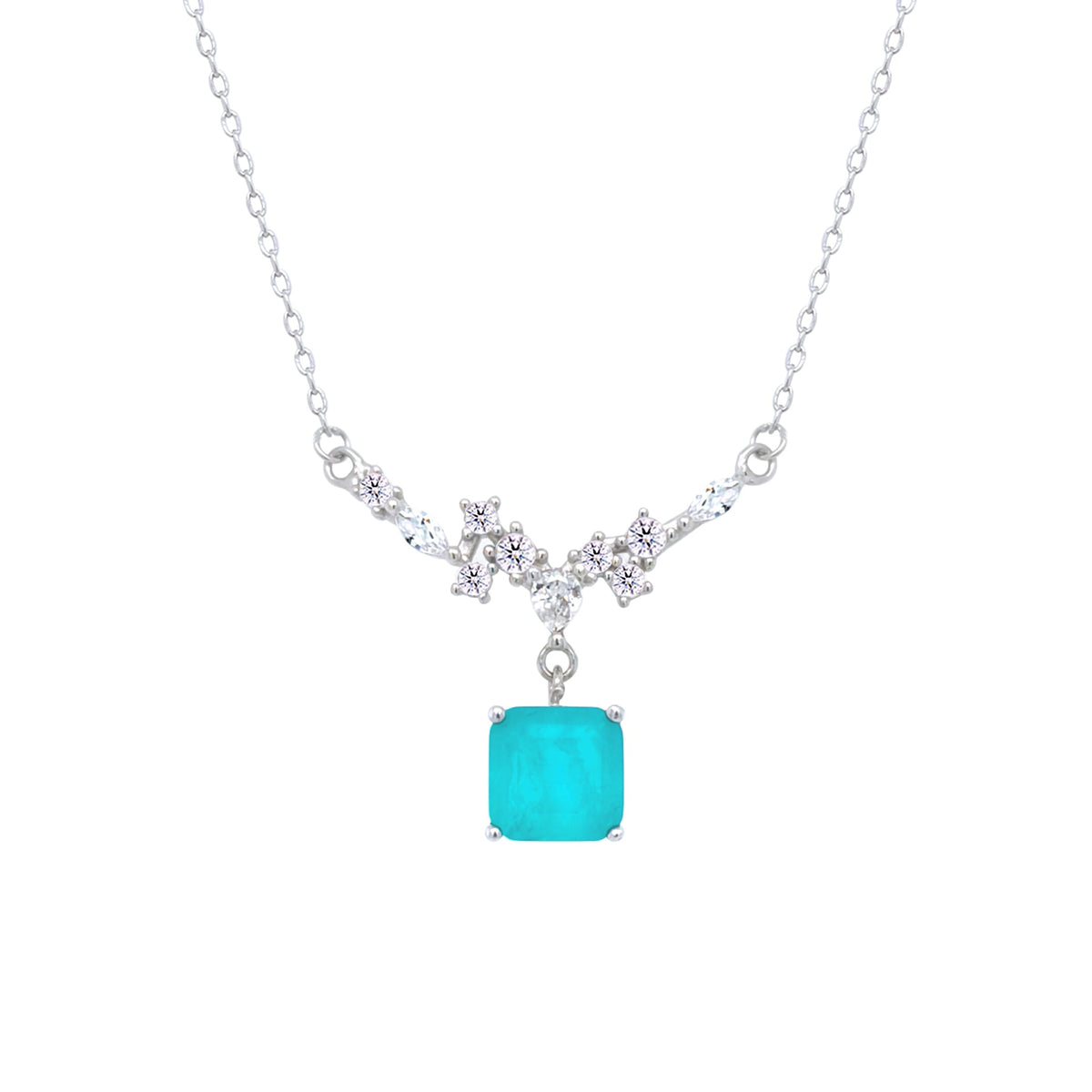 Asfour Crystal Chain Necklace With Decorative Turquoise Square Pendant In 925 Sterling Silver-ND0446-GC