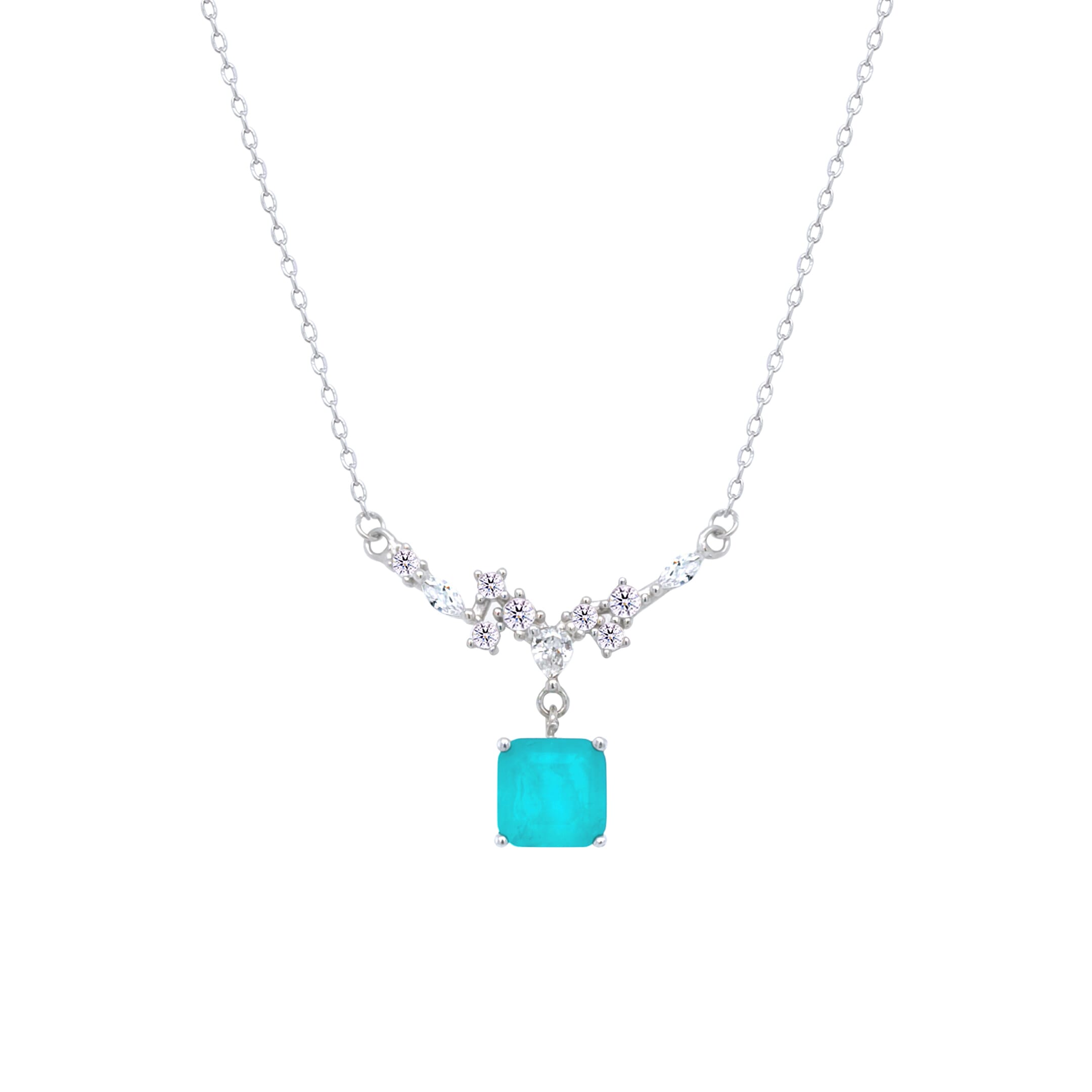 Asfour Crystal Chain Necklace With Decorative Turquoise Square Pendant In 925 Sterling Silver-ND0446-GC