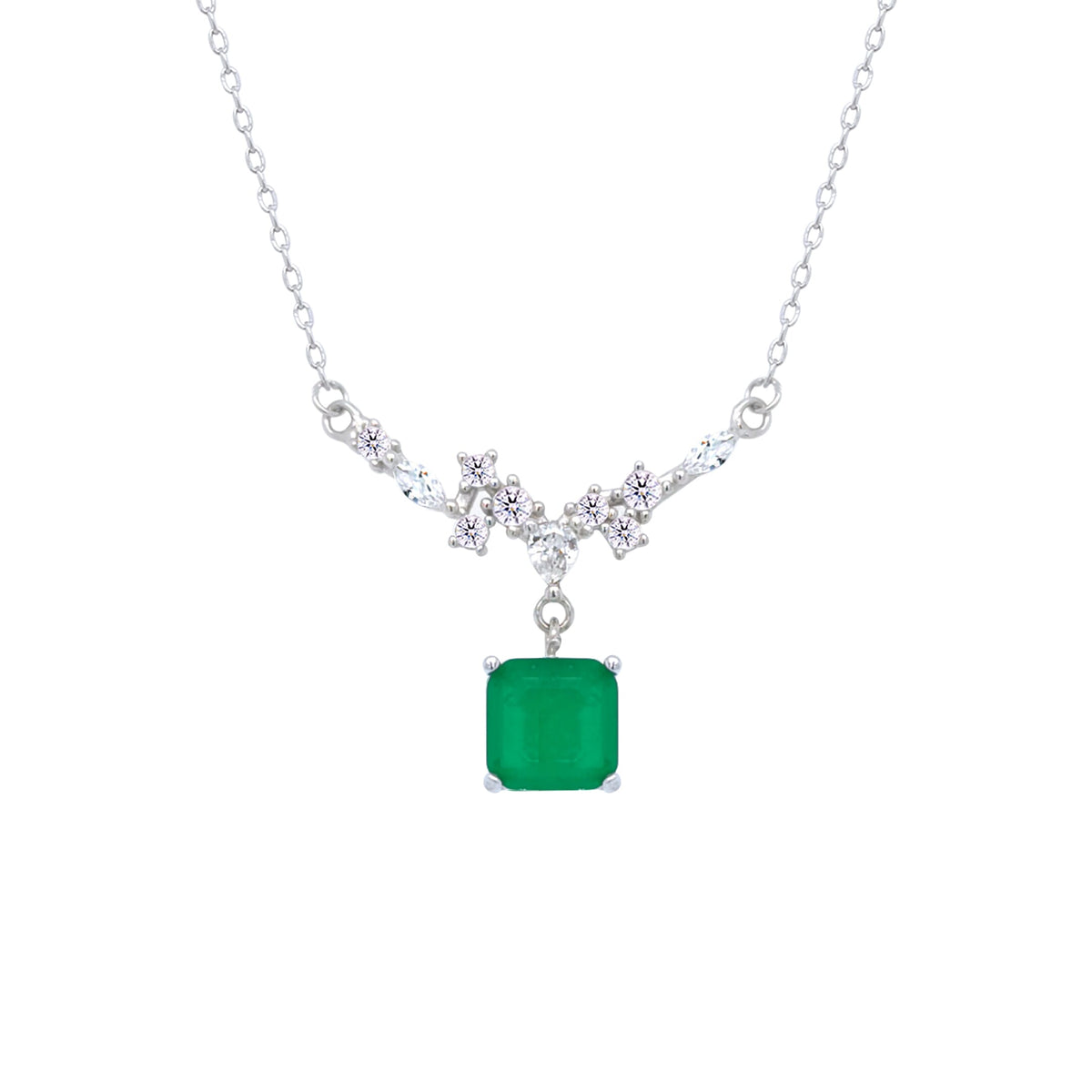 Asfour Crystal Chain Necklace With Decorative Emerald Square Pendant In 925 Sterling Silver-ND0446-G