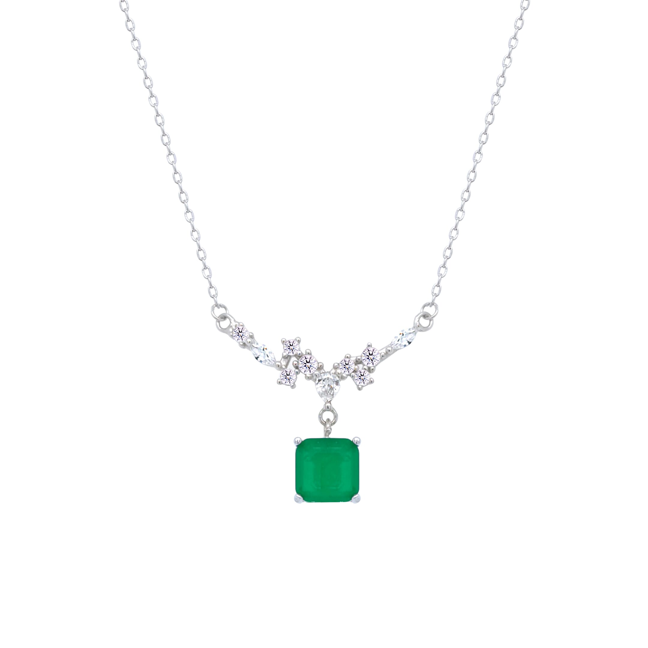 Asfour Crystal Chain Necklace With Decorative Emerald Square Pendant In 925 Sterling Silver-ND0446-G