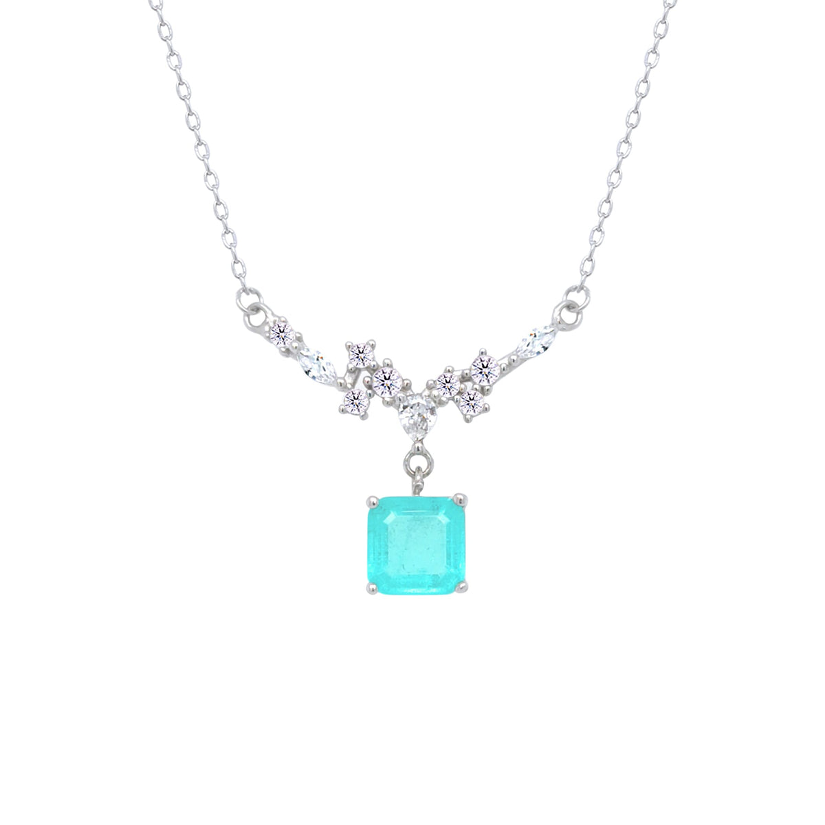 Asfour Crystal Chain Necklace With Decorative Light Turquoise Square Pendant In 925 Sterling Silver-ND0446-LGC