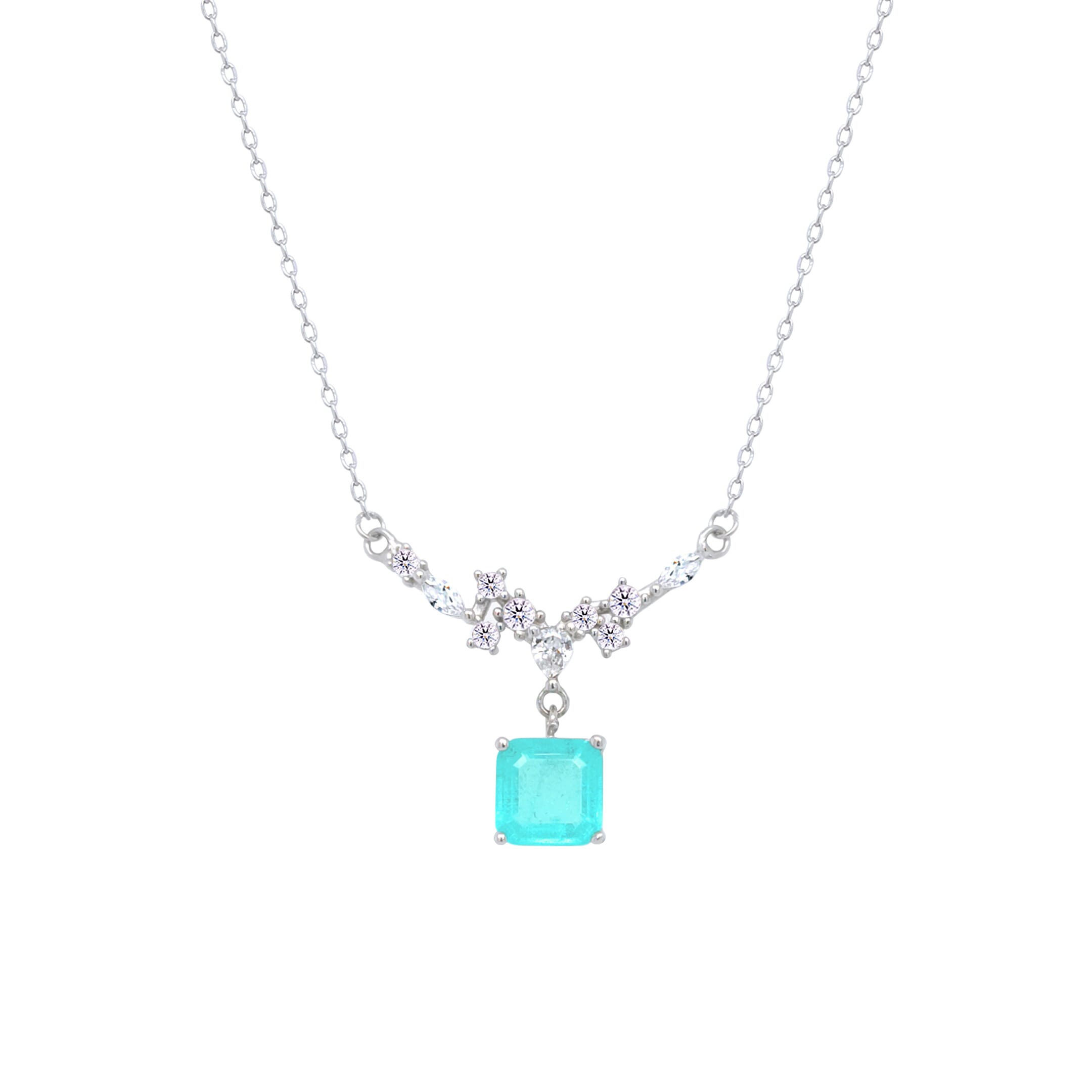 Asfour Crystal Chain Necklace With Decorative Light Turquoise Square Pendant In 925 Sterling Silver-ND0446-LGC