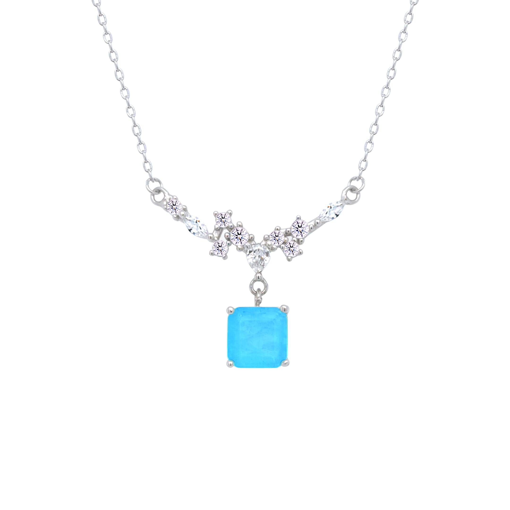 Asfour Crystal Chain Necklace With Light Aquamarine Square Pendant In 925 Sterling Silver-ND0446-LM