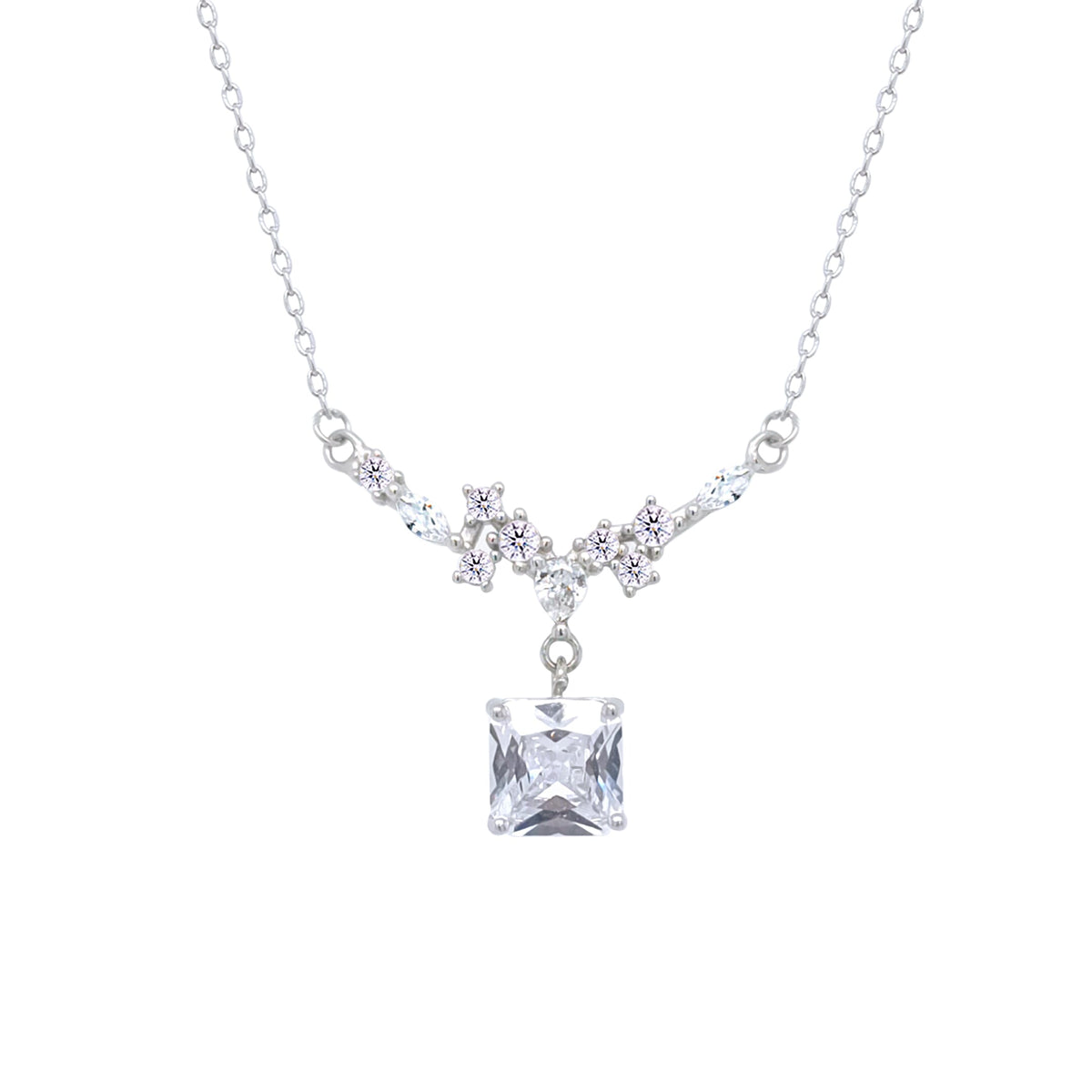 Asfour Crystal Chain Necklace With Decorative Square Pendant In 925 Sterling Silver-ND0446