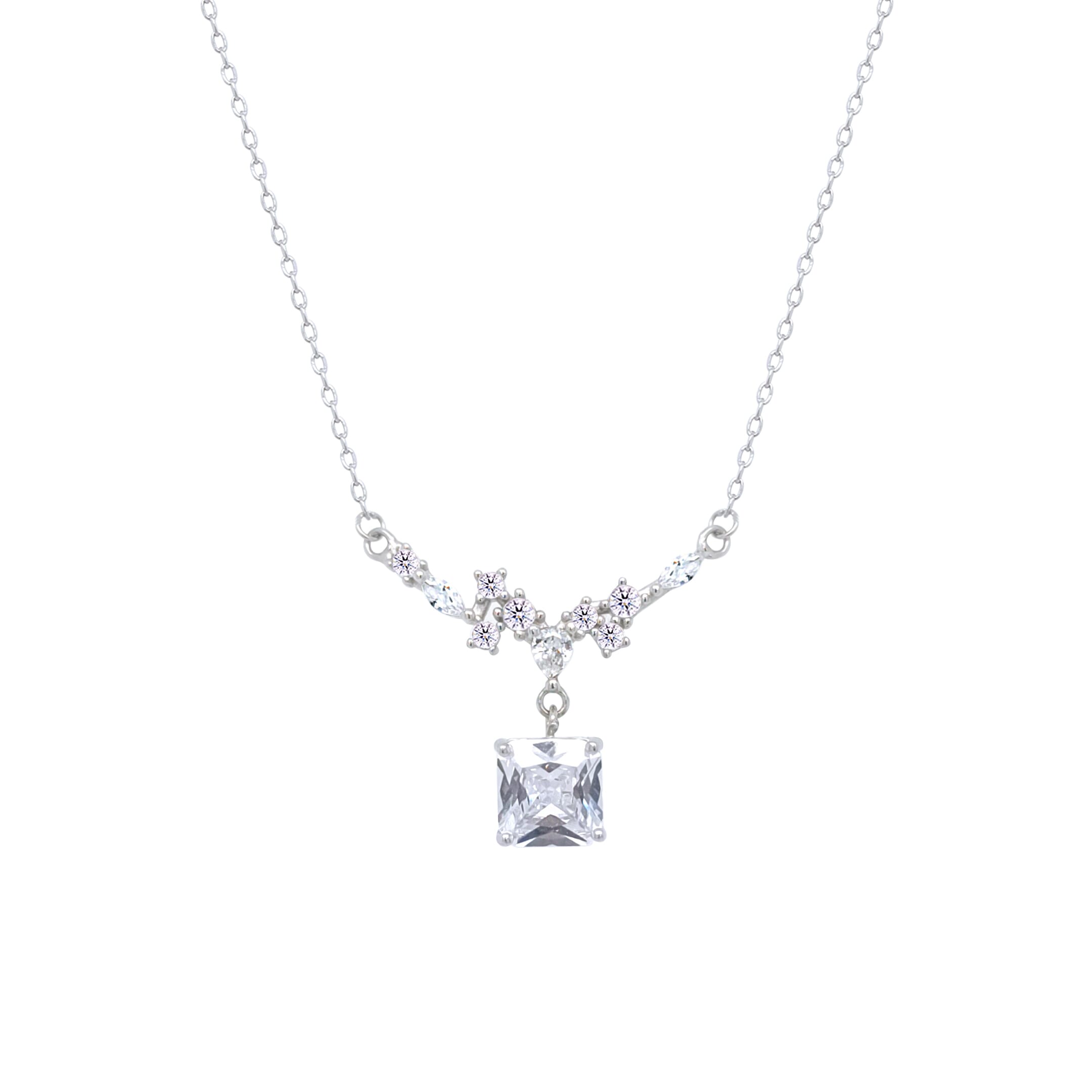 Asfour Crystal Chain Necklace With Decorative Square Pendant In 925 Sterling Silver-ND0446