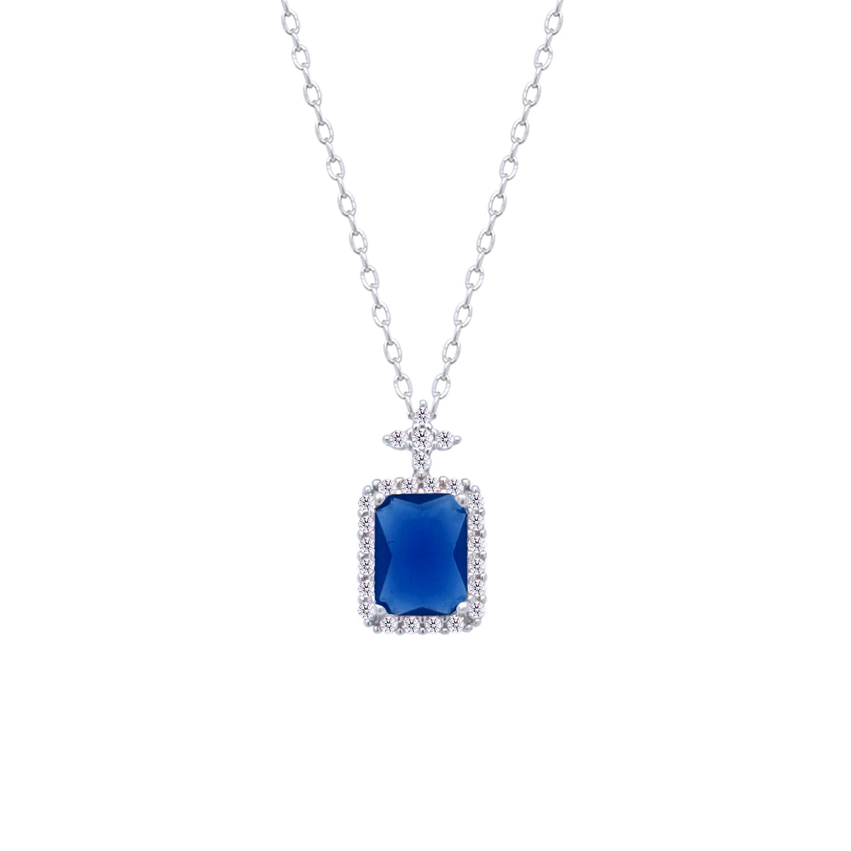 Asfour Crystal Chain Necklace With Blue Emerald Cut Pendant In 925 Sterling Silver-ND0447-B