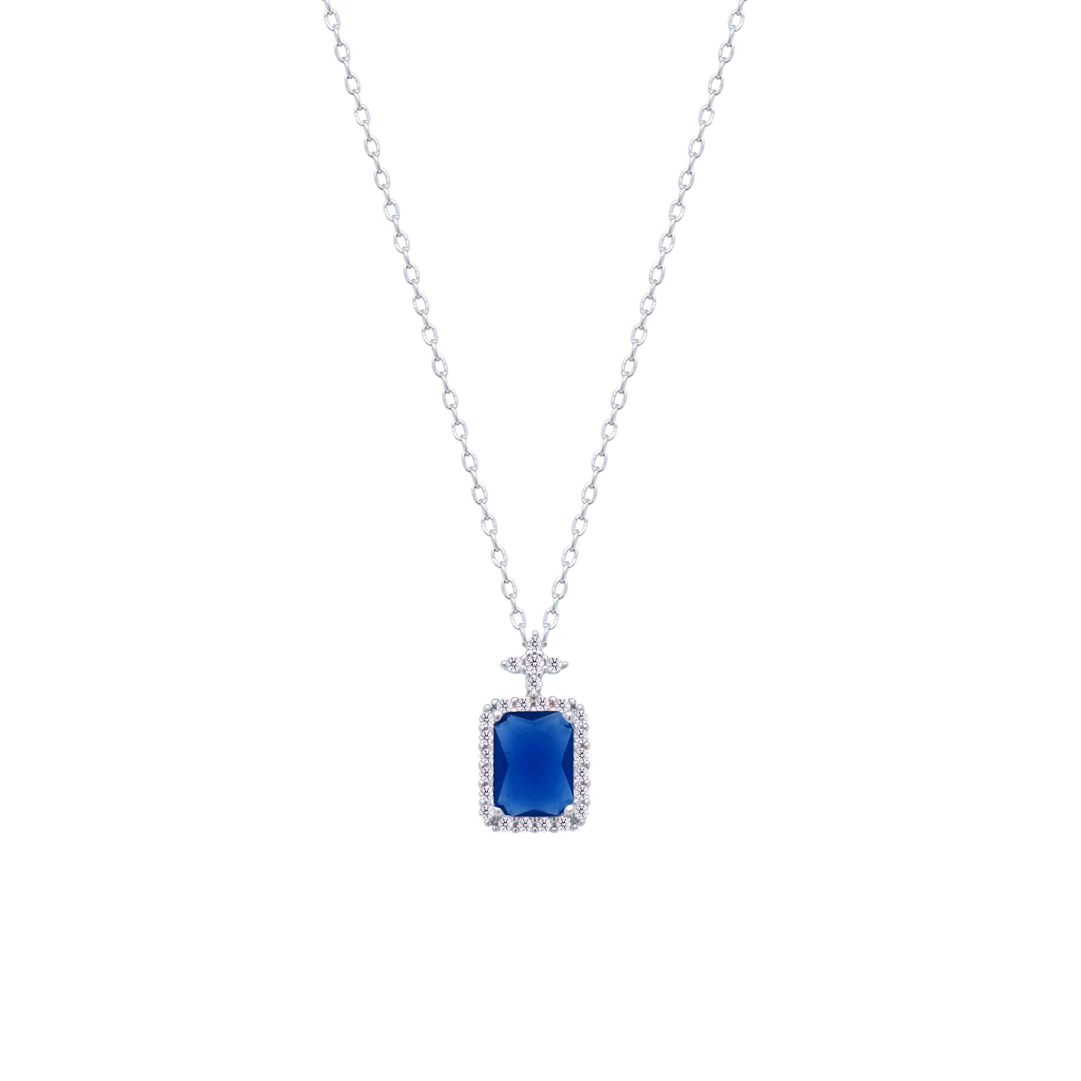 Asfour Crystal Chain Necklace With Blue Emerald Cut Pendant In 925 Sterling Silver-ND0447-B