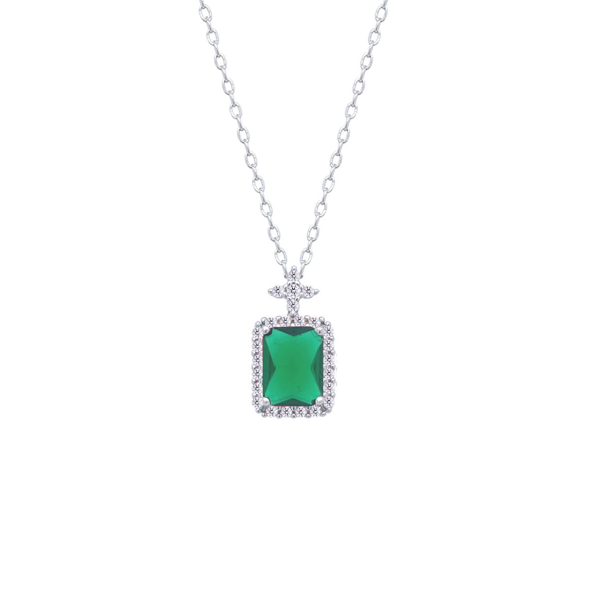 Asfour Crystal Chain Necklace With halo Emerald Zircon Pendant In 925 Sterling Silver-ND0447-G