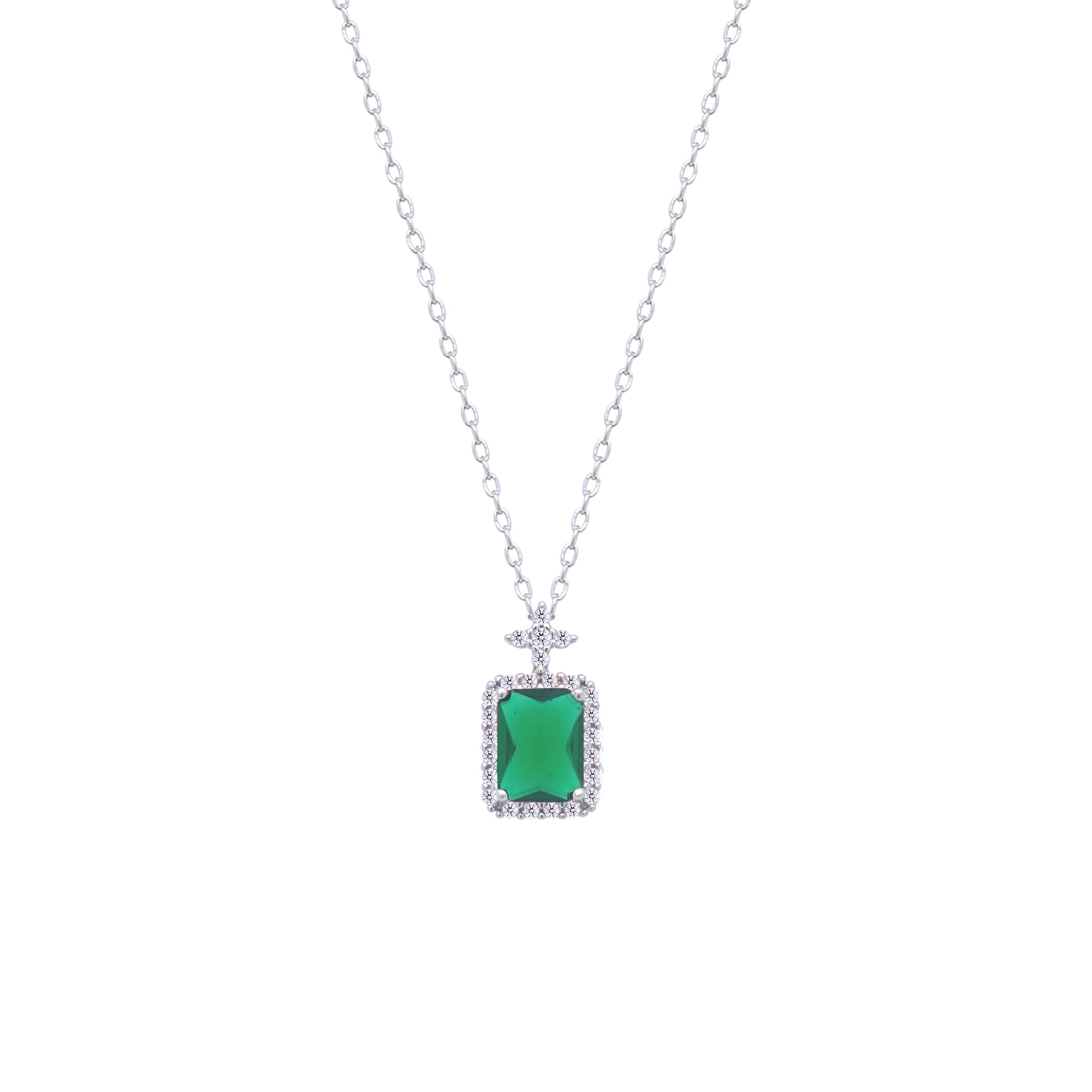 Asfour Crystal Chain Necklace With halo Emerald Zircon Pendant In 925 Sterling Silver-ND0447-G