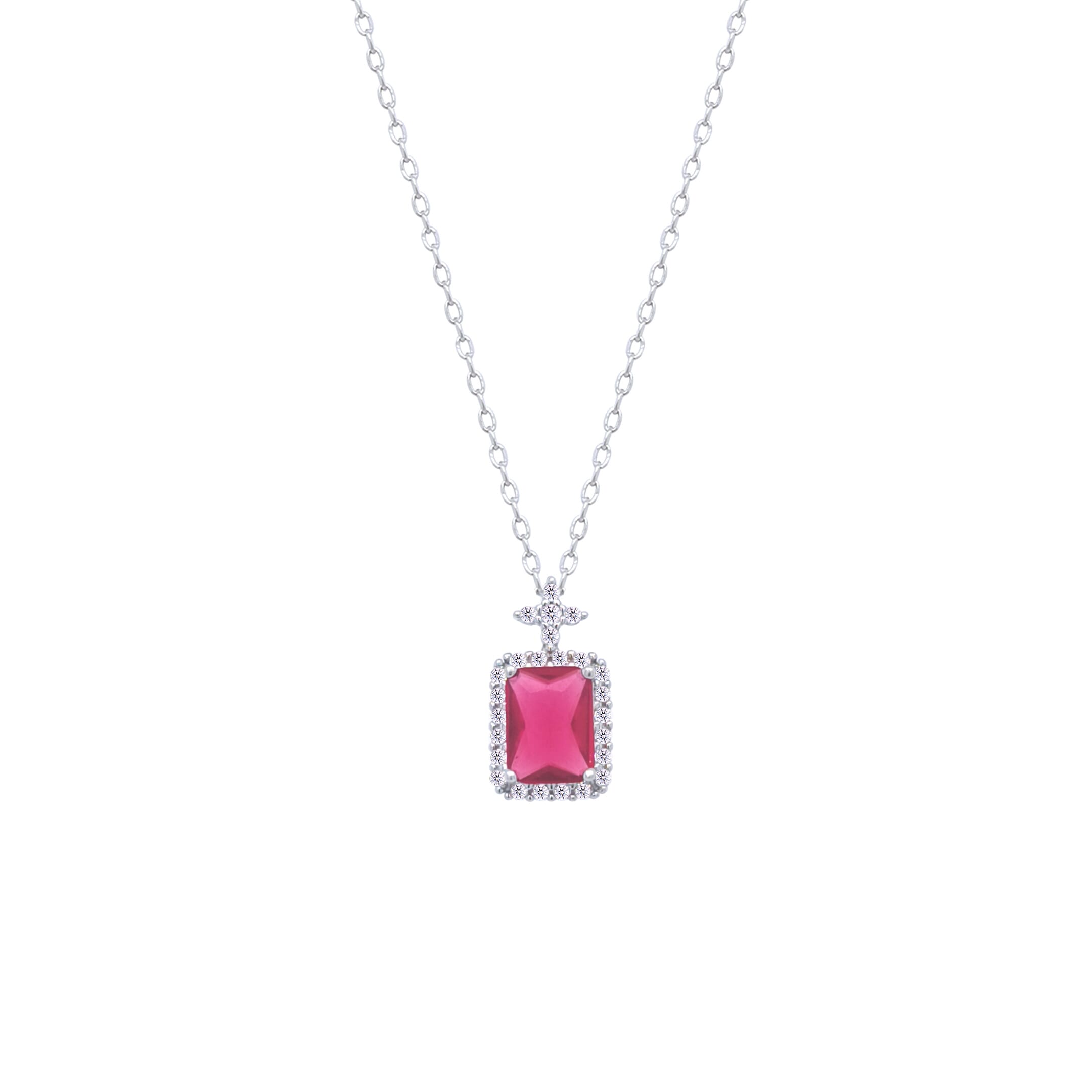 Asfour Crystal Chain Necklace With Ruby Emerald Cut Pendant In 925 Sterling Silver-ND0447-R