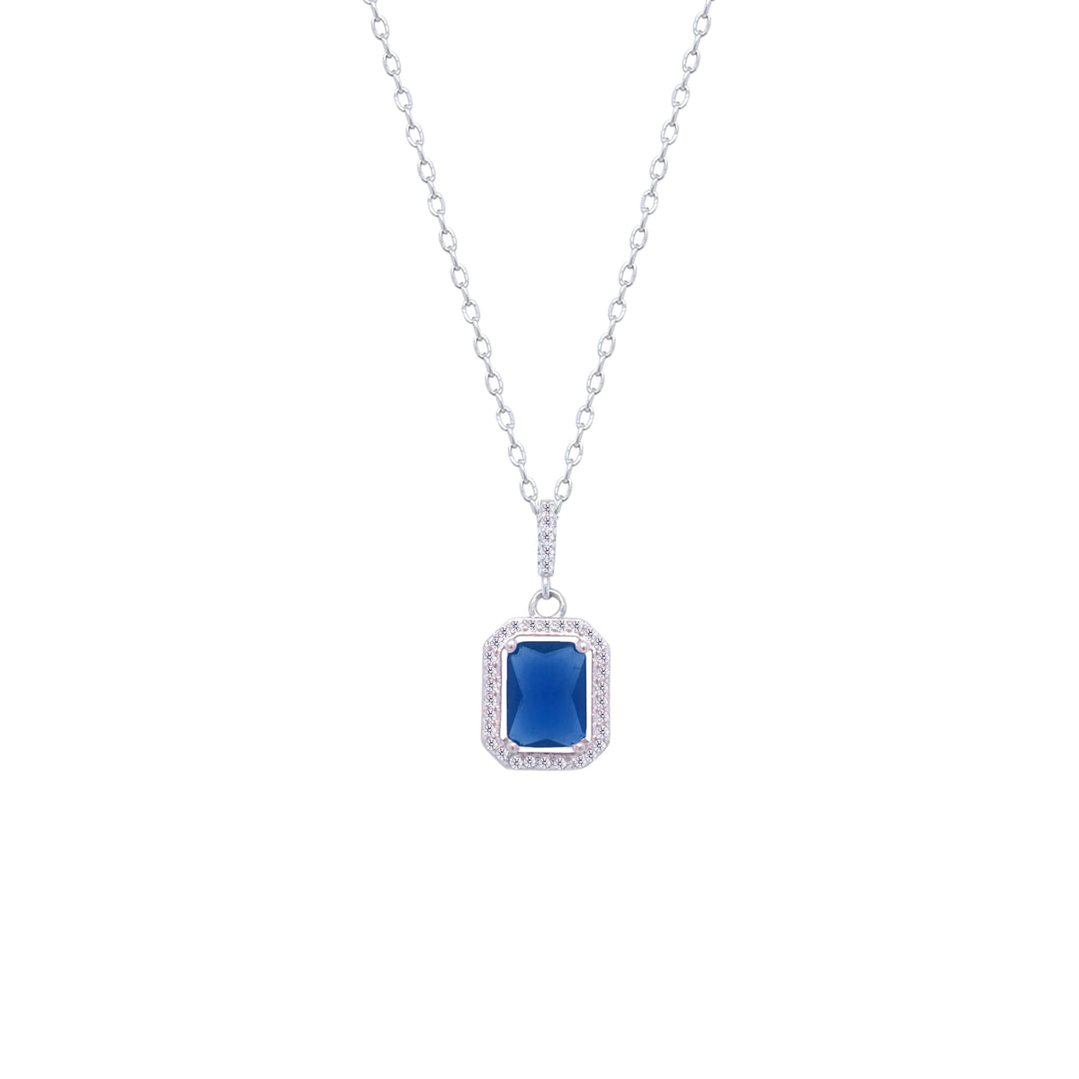 Asfour Crystal Chain Necklace With Blue Emerald Cut Pendant In 925 Sterling Silver-ND0448-B