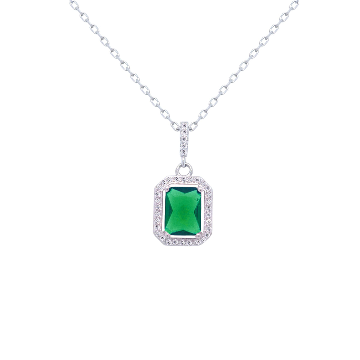 Asfour Crystal Chain Necklace With halo Emerald Zircon Pendant In 925 Sterling Silver-ND0448-G