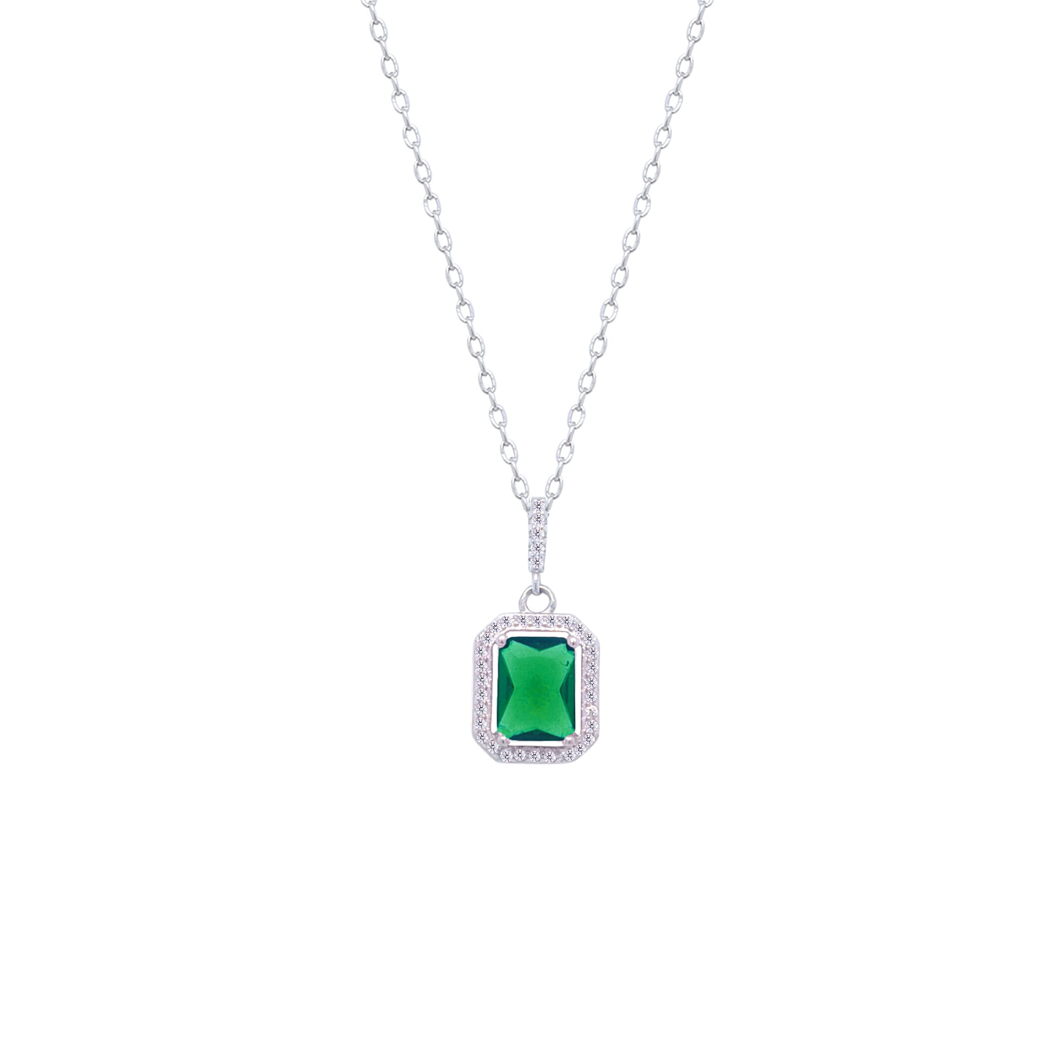 Asfour Crystal Chain Necklace With halo Emerald Zircon Pendant In 925 Sterling Silver-ND0448-G