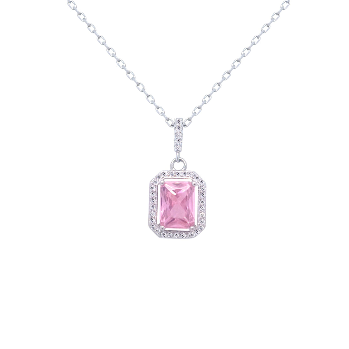 Asfour Crystal Chain Necklace With Rose Emerald Cut Pendant In 925 Sterling Silver-ND0448-O