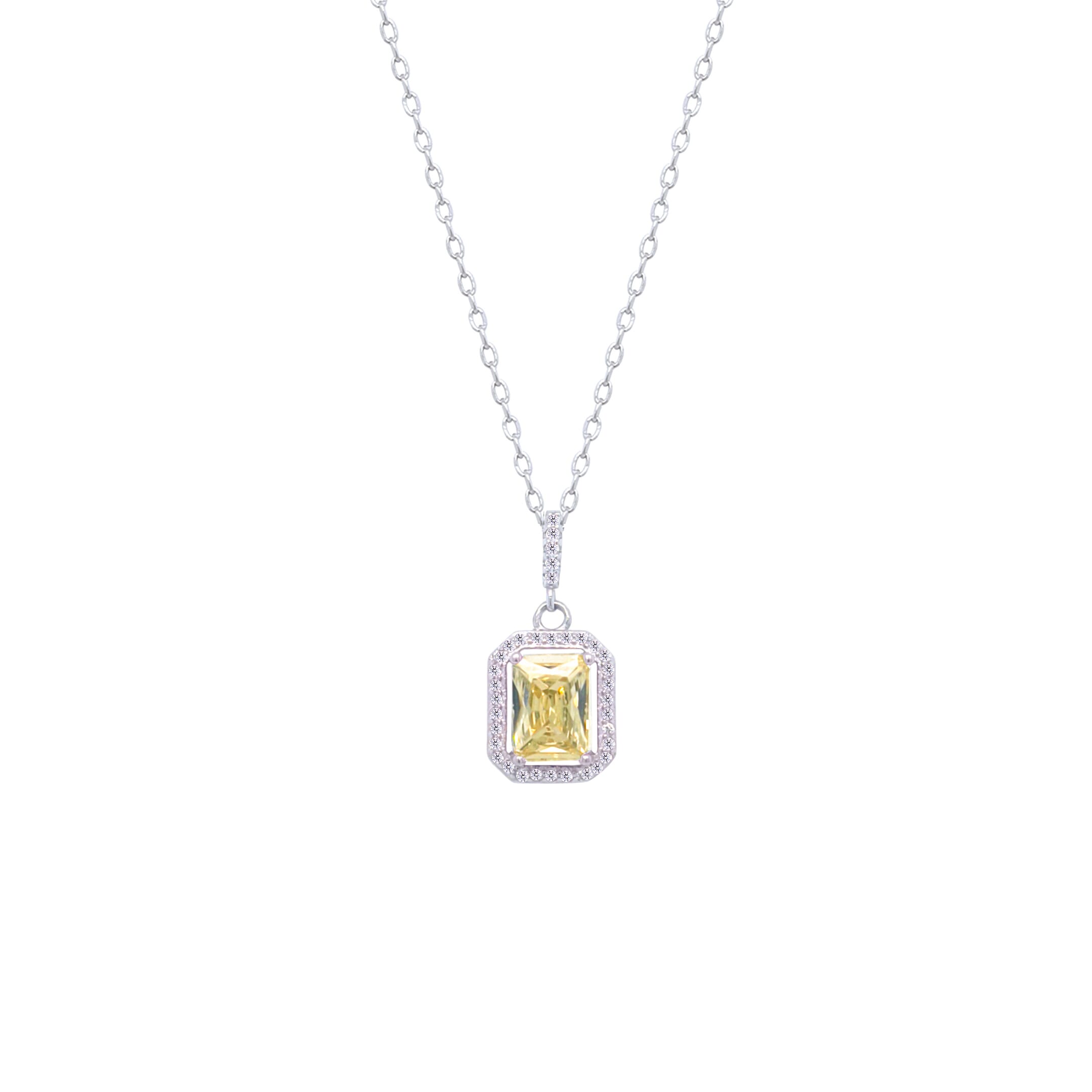 Asfour Crystal Chain Necklace With Yellow Emerald Cut Pendant In 925 Sterling Silver-ND0448-Y