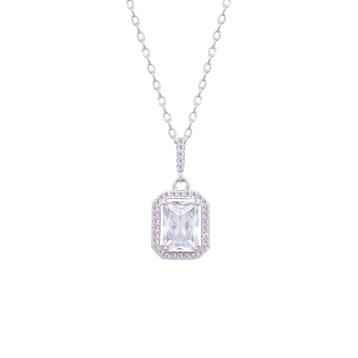 Asfour Crystal Chain Necklace With Halo Emerald Cut Pendant In 925 Sterling Silver-ND0448